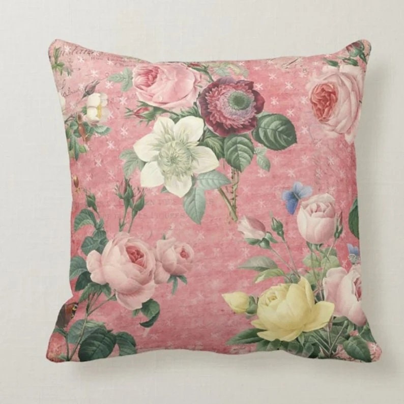 Pink Floral Pillow Cover, Powder Pink Floral Pillow Cover, Floral Spring Pillow Case, Pastel Color Cushion Cover, Summer Cushion Case