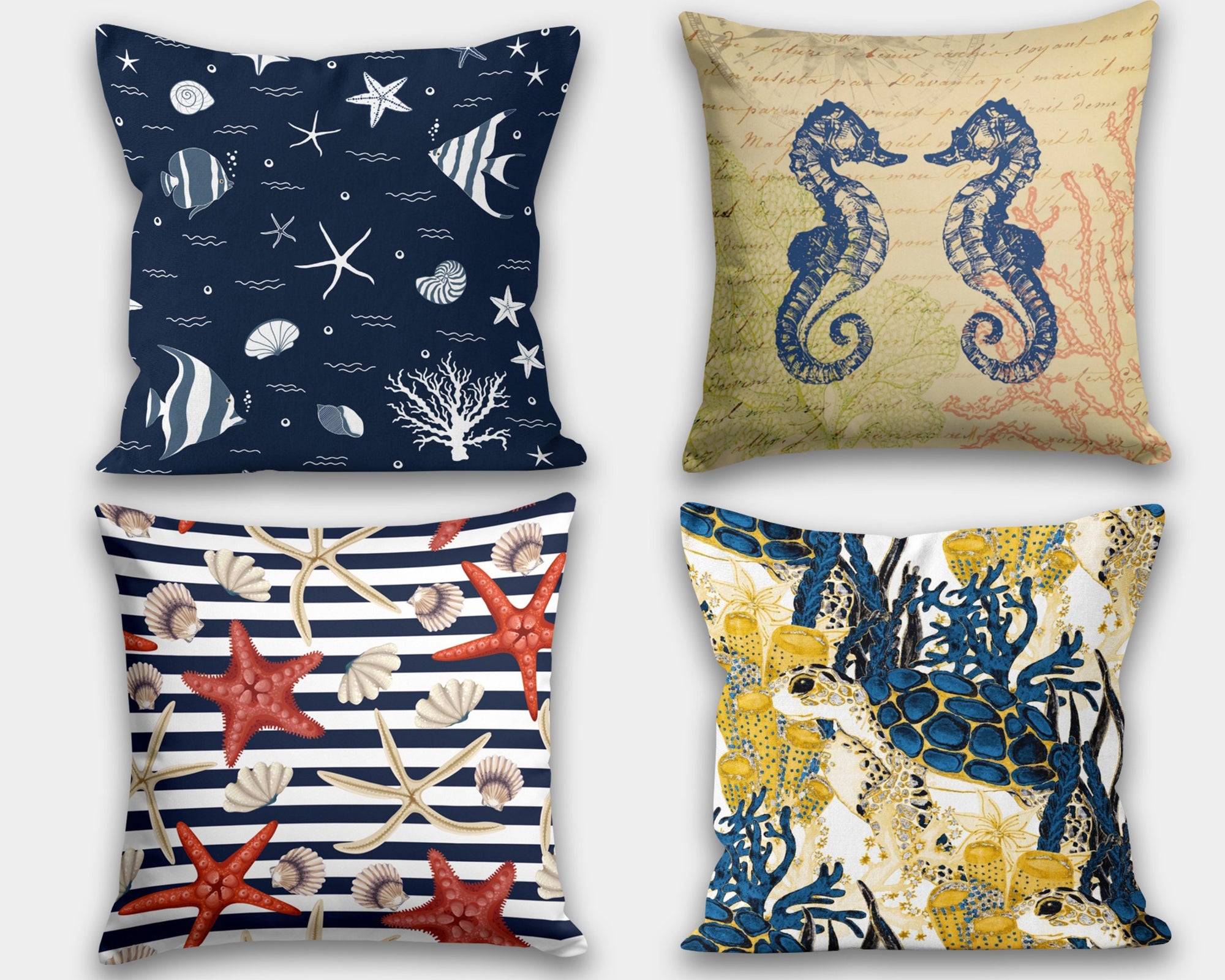 Coastal Nautical Pillow Covers, Sea Turtle, Starfish, Seahorse Decorative Ocean Cushion Covers, Sea Creatures Pillowcases