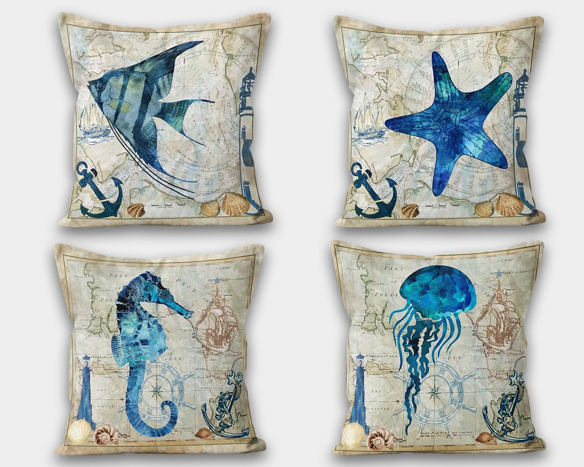Nautical Pillow Cover, Blue Star Fish Pillow, Seashell Pillow, Sea Life Home Decoration, Nautical Cushion, Nautical Decor, Beach Mini Pillow