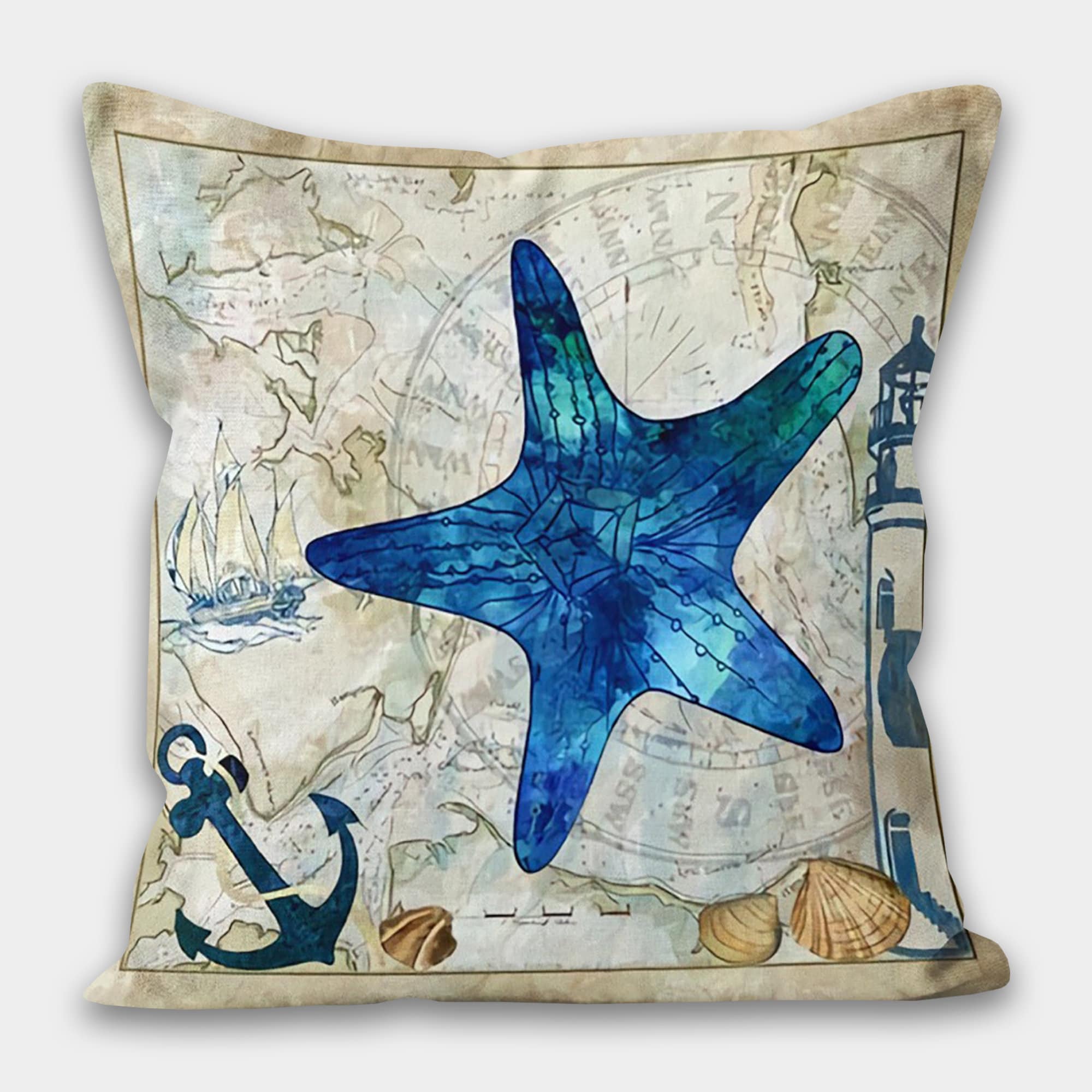 Nautical Pillow Cover, Blue Star Fish Pillow, Seashell Pillow, Sea Life Home Decoration, Nautical Cushion, Nautical Decor, Beach Mini Pillow