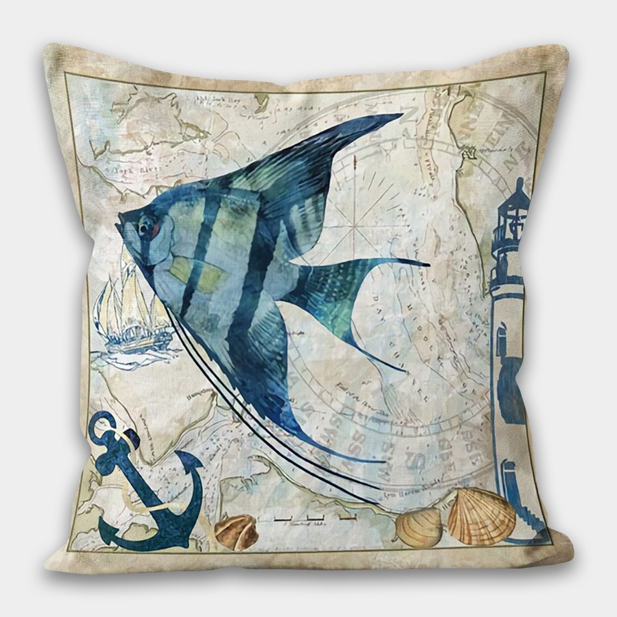 Nautical Pillow Cover, Blue Star Fish Pillow, Seashell Pillow, Sea Life Home Decoration, Nautical Cushion, Nautical Decor, Beach Mini Pillow