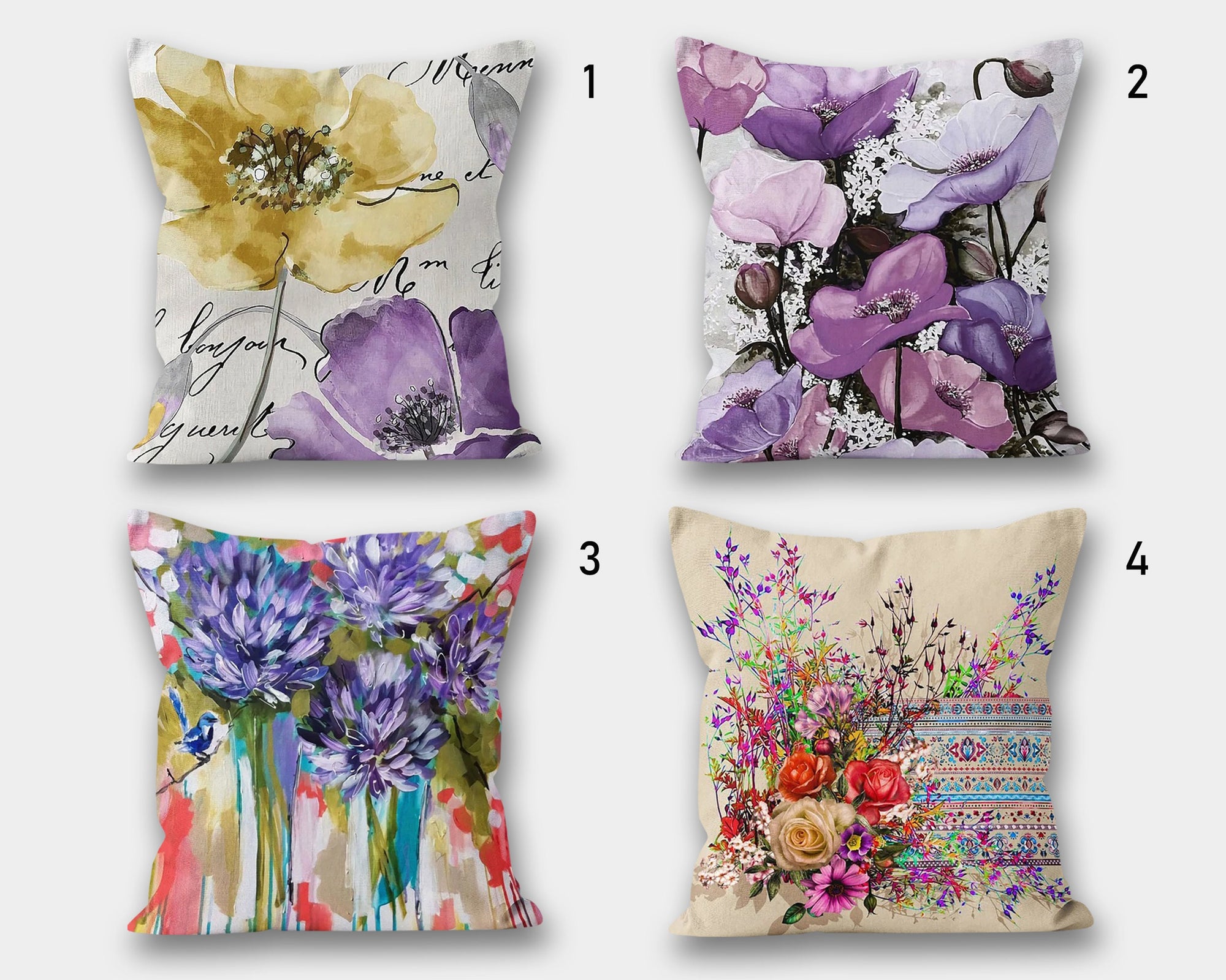 Purple Floral Pillow Cover, Purple Floral Pillow Case, Lilac Couch Pillow, Purple Throw Pillow, Yellow Pillow Covers, Flower Outdoor Pillow