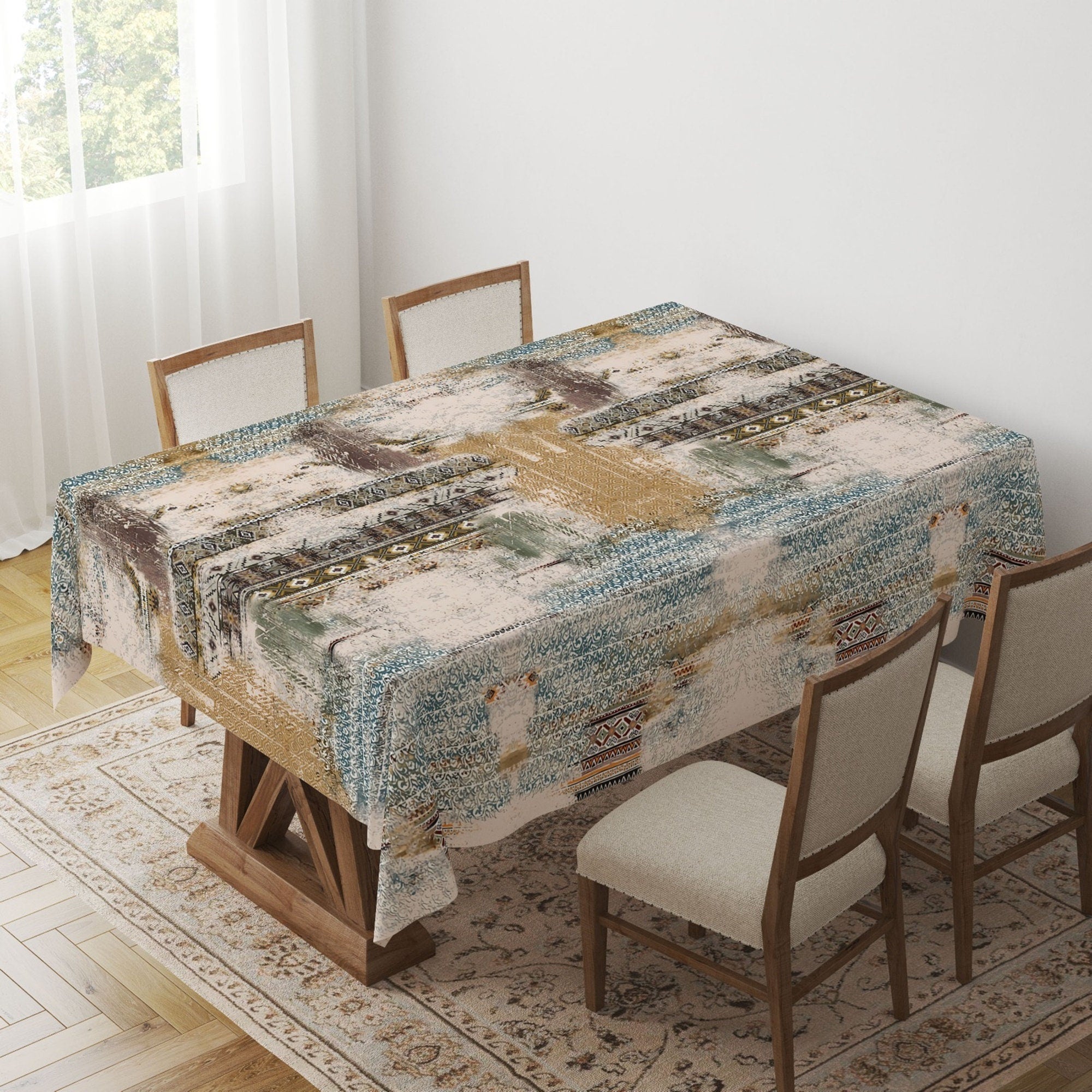 Ethnic Boho Tablecloth, Rug Tablecloth, Kilim Rug Print Tablecloth, Southwestern Aztec Tablecloth, Boho Home Decor, Decorative Tablecloth