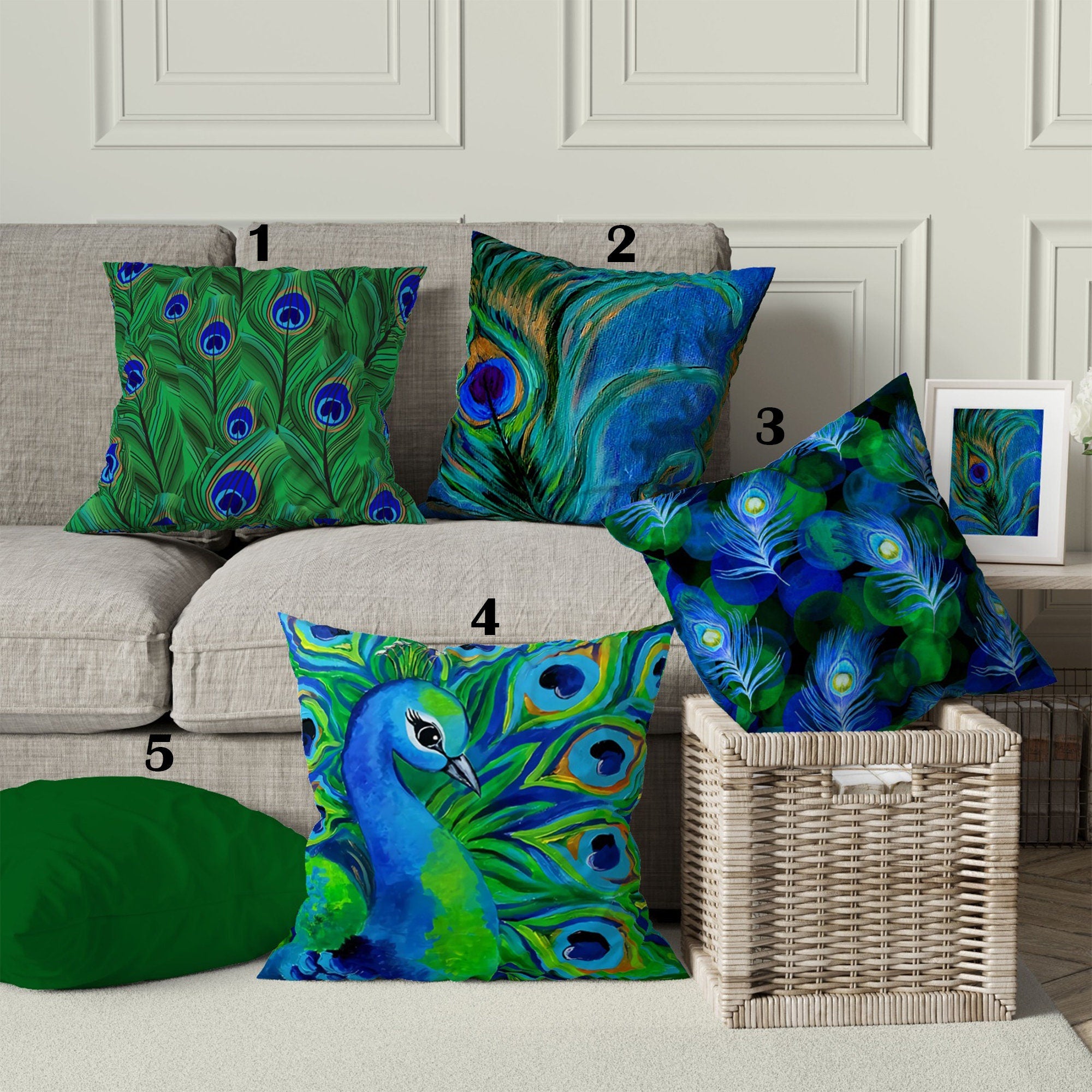Peacock Pillow Cover, Peacock Cushion Cover, Green Blue Peacock Tail Throw Pillow, Peacock Feather Pillowcase, Decorative Throw Pillow
