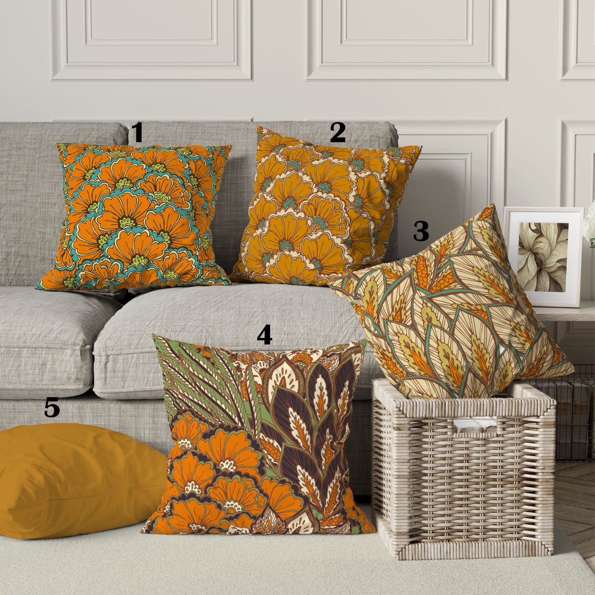 Boho Mustard Floral Cushion Cover, Autumn Leaves Pillow Cover, Bohemian Fall Leaf Pillow Case, Mustard Cushion Cover, Floral Pillow