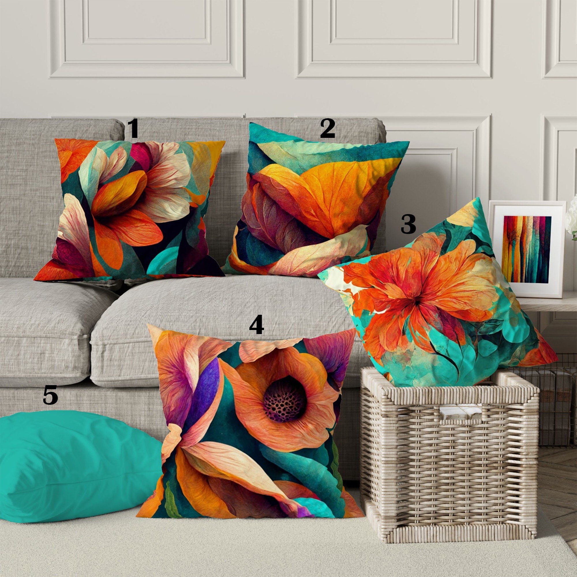 Boho Flowers Pillow Cover, Abstract Flower Pillowcase, Boho Decorative Trend Cushion, Decorative Pillow Case, Digital Print Pillow Cover