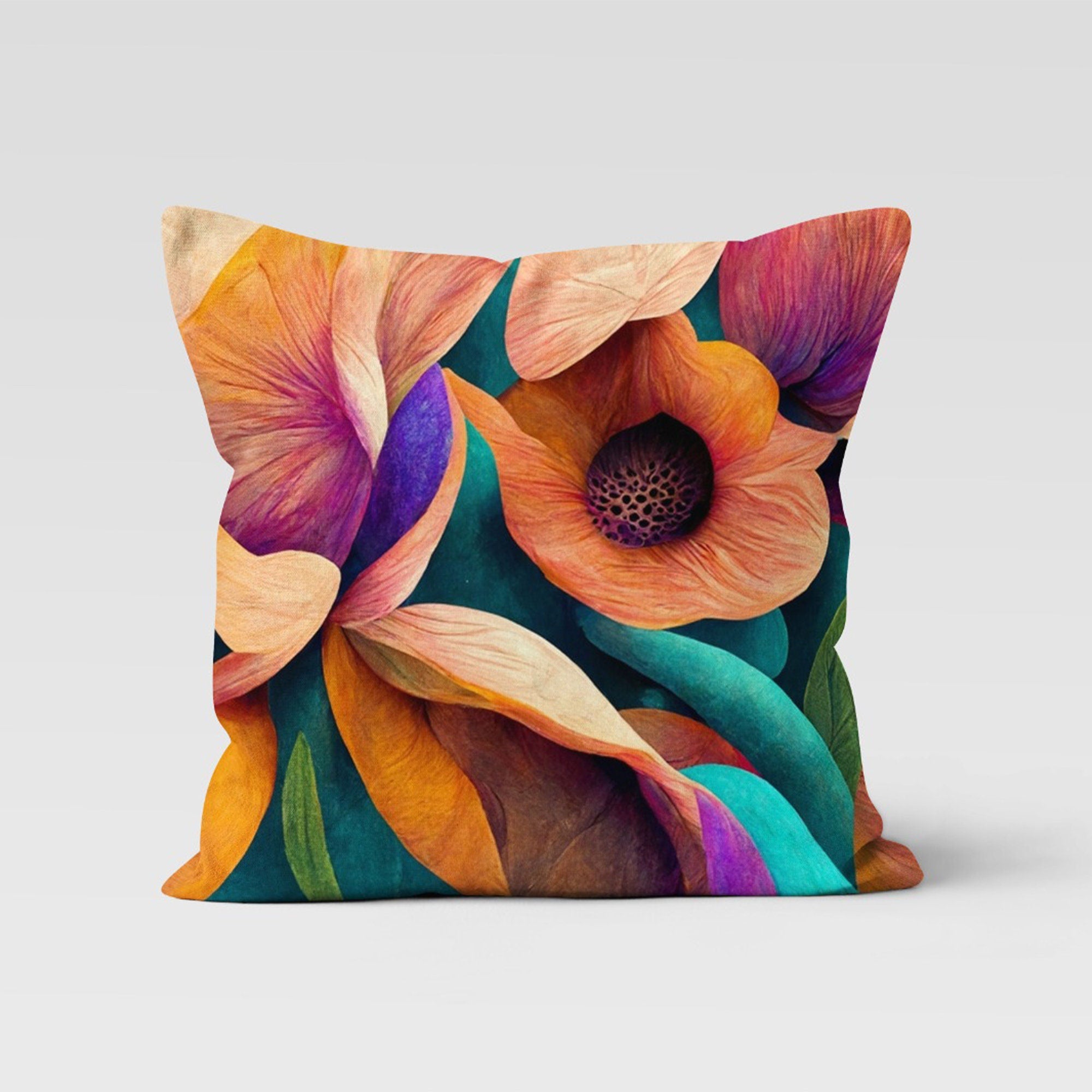 Boho Flowers Pillow Cover, Abstract Flower Pillowcase, Boho Decorative Trend Cushion, Decorative Pillow Case, Digital Print Pillow Cover