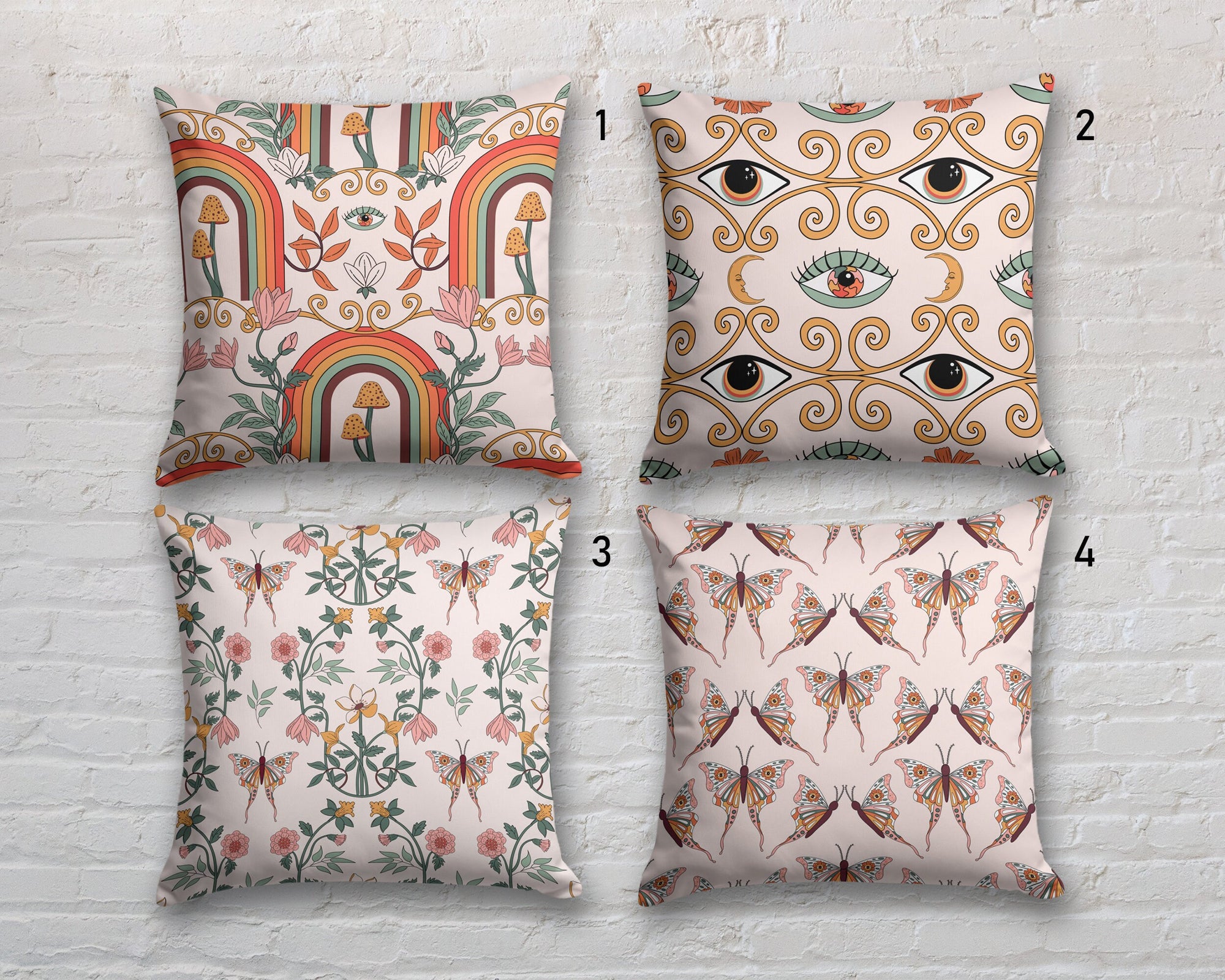 Boho Floral Pillow Cover, Bohemian Floral Cushion Cover, Butterfly Throw Pillow Cover, Spring Flowers Pillow Case, Decorative Pillow Case