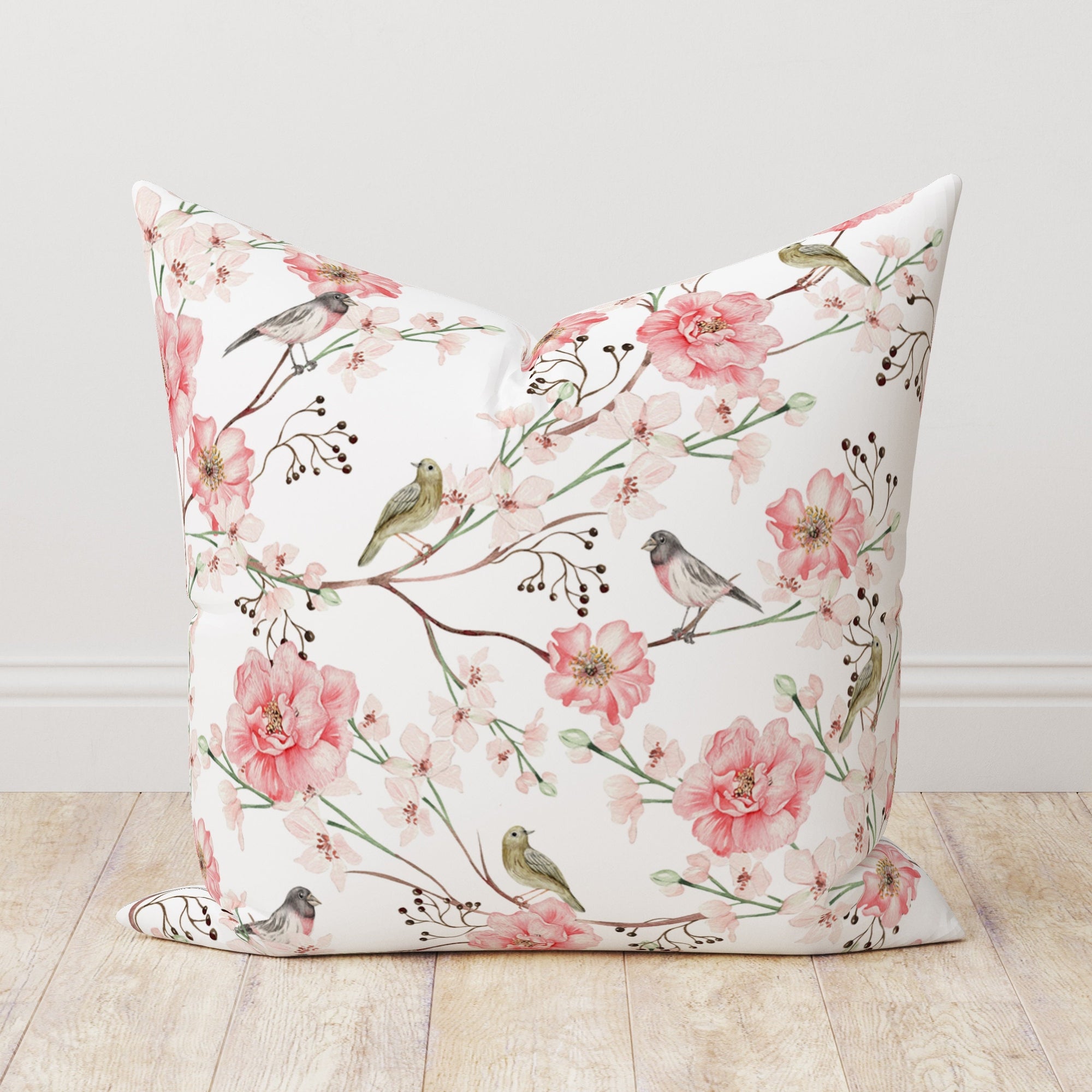 Floral Birds Pillow Cover, Pink Flowers Cushion Cover, Floral Purple Throw Pillow Cover, Spring Floral Pillow Case, Floral Pillow Decor
