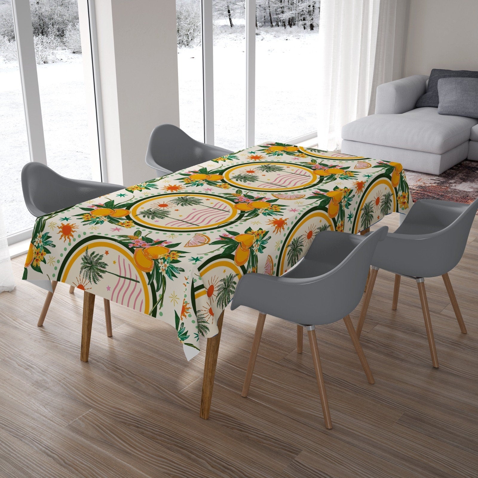 Lemon Design Tablecloth, Lemon Tablecloth, Lemon Flowers Printed Tablecloth, Lemon Kitchen Table Decor, Thanksgiving Party Lemon Table