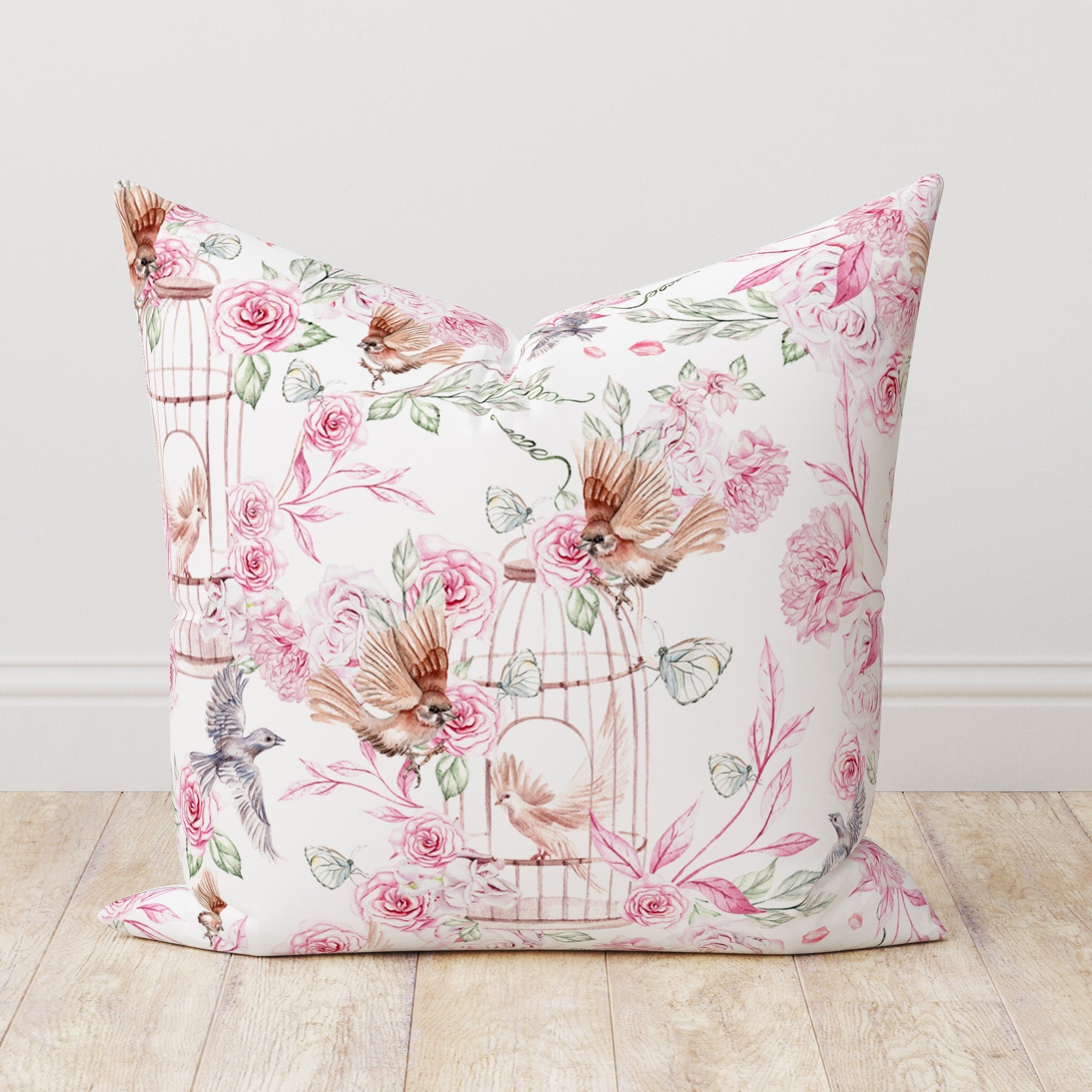 Floral Birds Pillow Cover, Pink Flowers Cushion Cover, Floral Purple Throw Pillow Cover, Spring Floral Pillow Case, Floral Pillow Decor