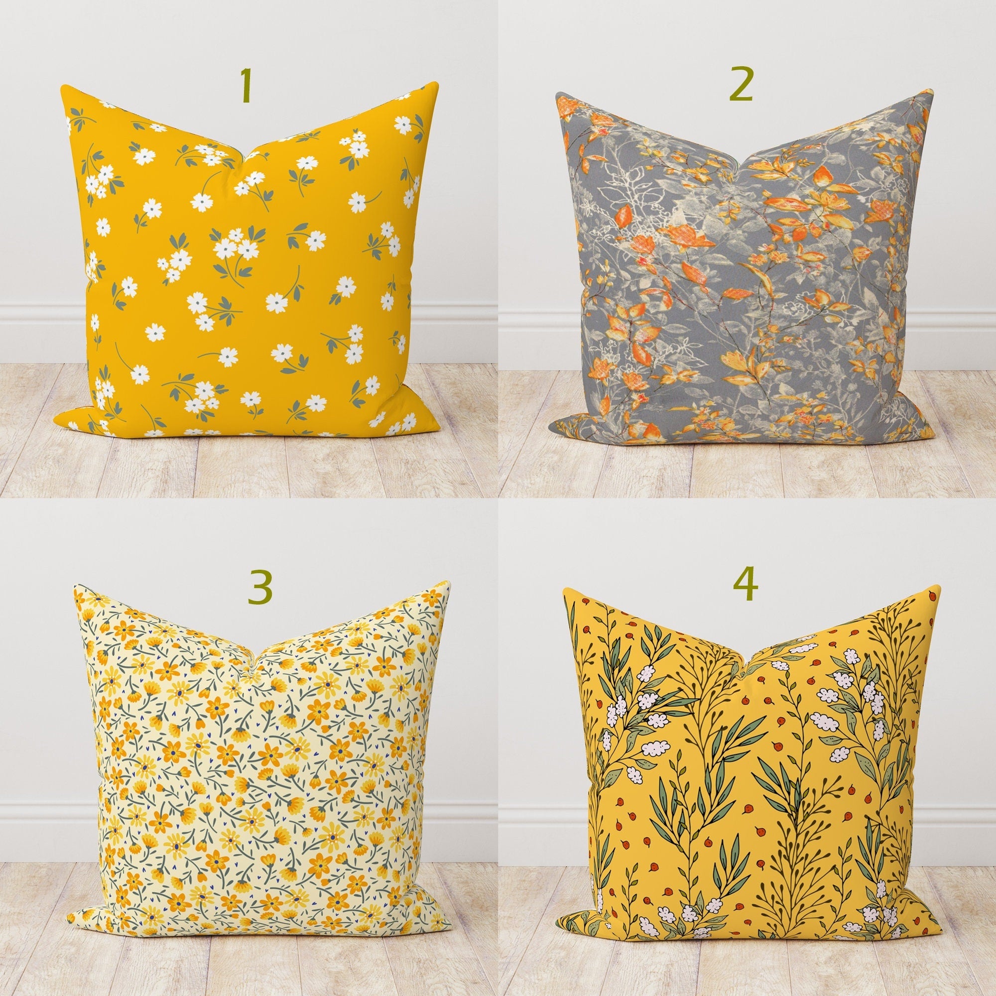 Yellow  Floral Throw Pillow Cover, Yellow Wildflowers Cushion Cover, Floral Yellow Throw Pillow Cover, Spring Floral Pillow, Floral Decor
