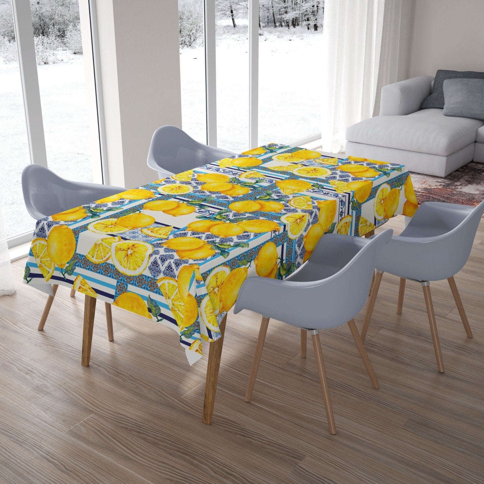 Lemon Design Tablecloth, Lemon Tablecloth, Lemon Flowers Printed Tablecloth, Lemon Kitchen Table Decor, Thanksgiving Party Lemon Table