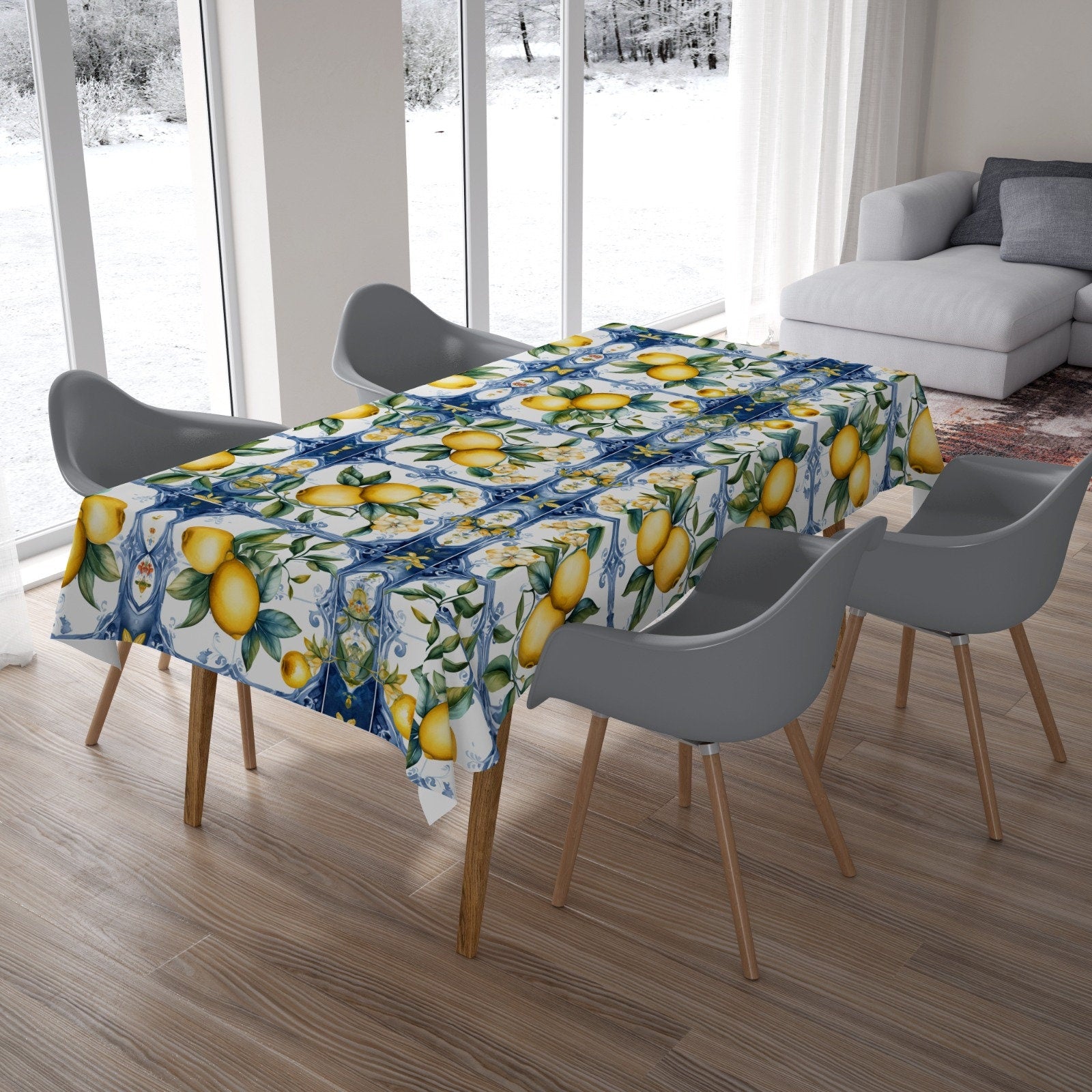 Lemon Design Tablecloth, Lemon Tablecloth, Lemon Flowers Printed Tablecloth, Lemon Kitchen Table Decor, Thanksgiving Party Lemon Table