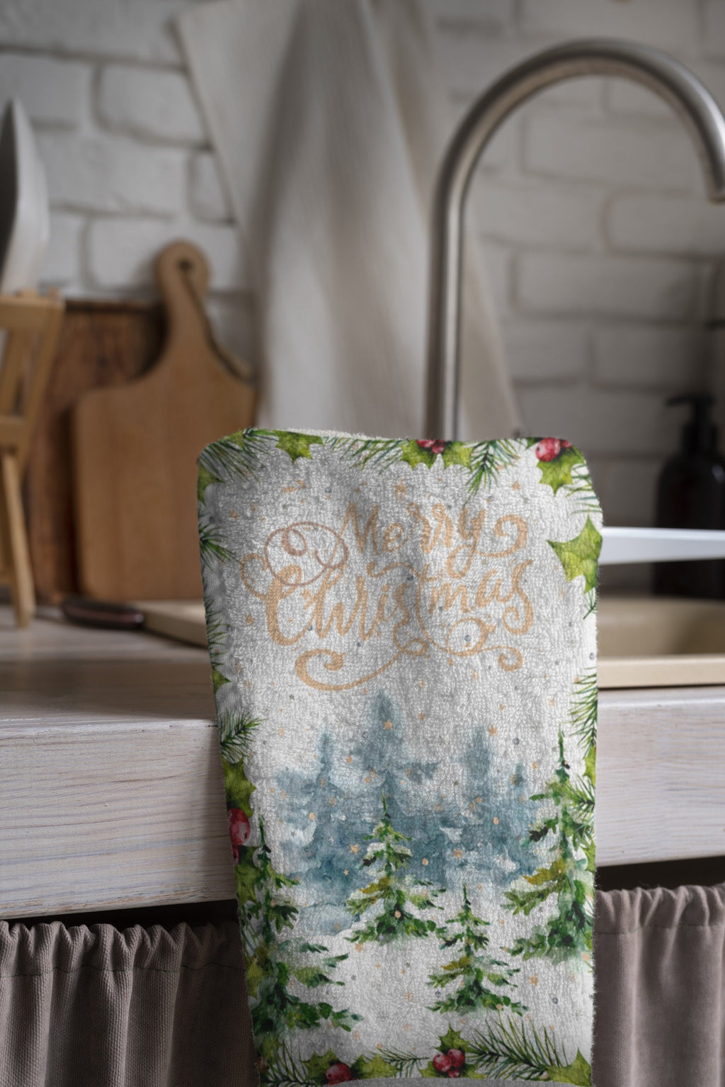 Christmas Tea Towels, Xmas Tea Towel, Christmas Kitchen Towels, Holly Kitchen Hand Towel,  Christmas Kitchen Table Decor Tea Towel