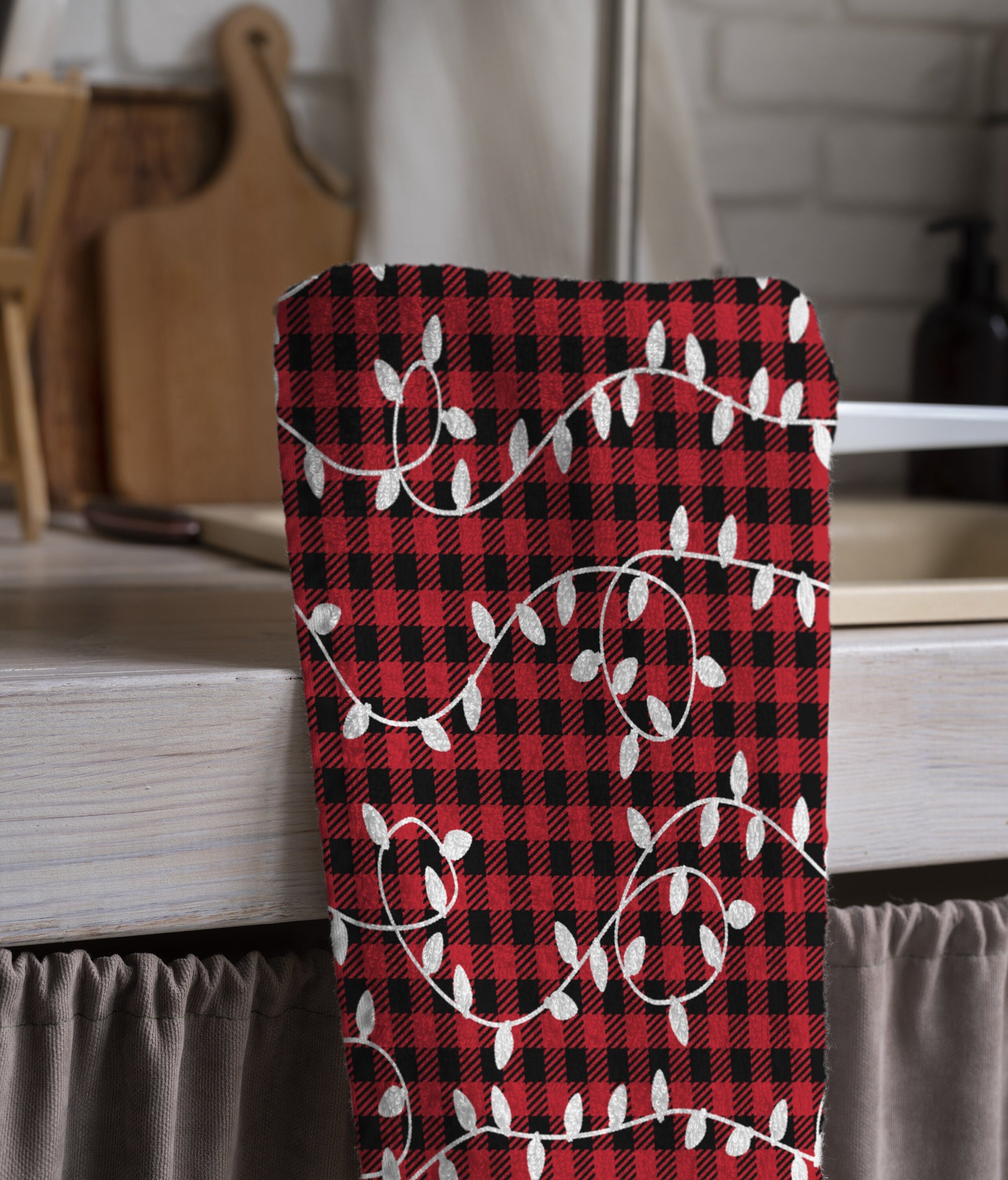 Christmas Plaid Tea Towels, Xmas Dish Towel, Christmas Buffalo Plaid Towel, Holly Kitchen Plaid Hand Towel, Christmas Kitchen Decor Towel