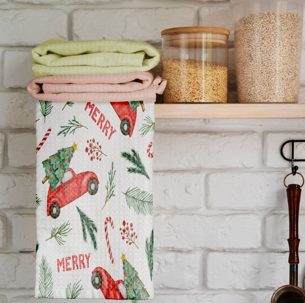 Merry Christmas Cute Tree Towel, Holly Hand Towel, Cute Christmas Tea Towels, Xmas Pine Trees Snowflakes Dish Towel, Christmas Kitchen Towel