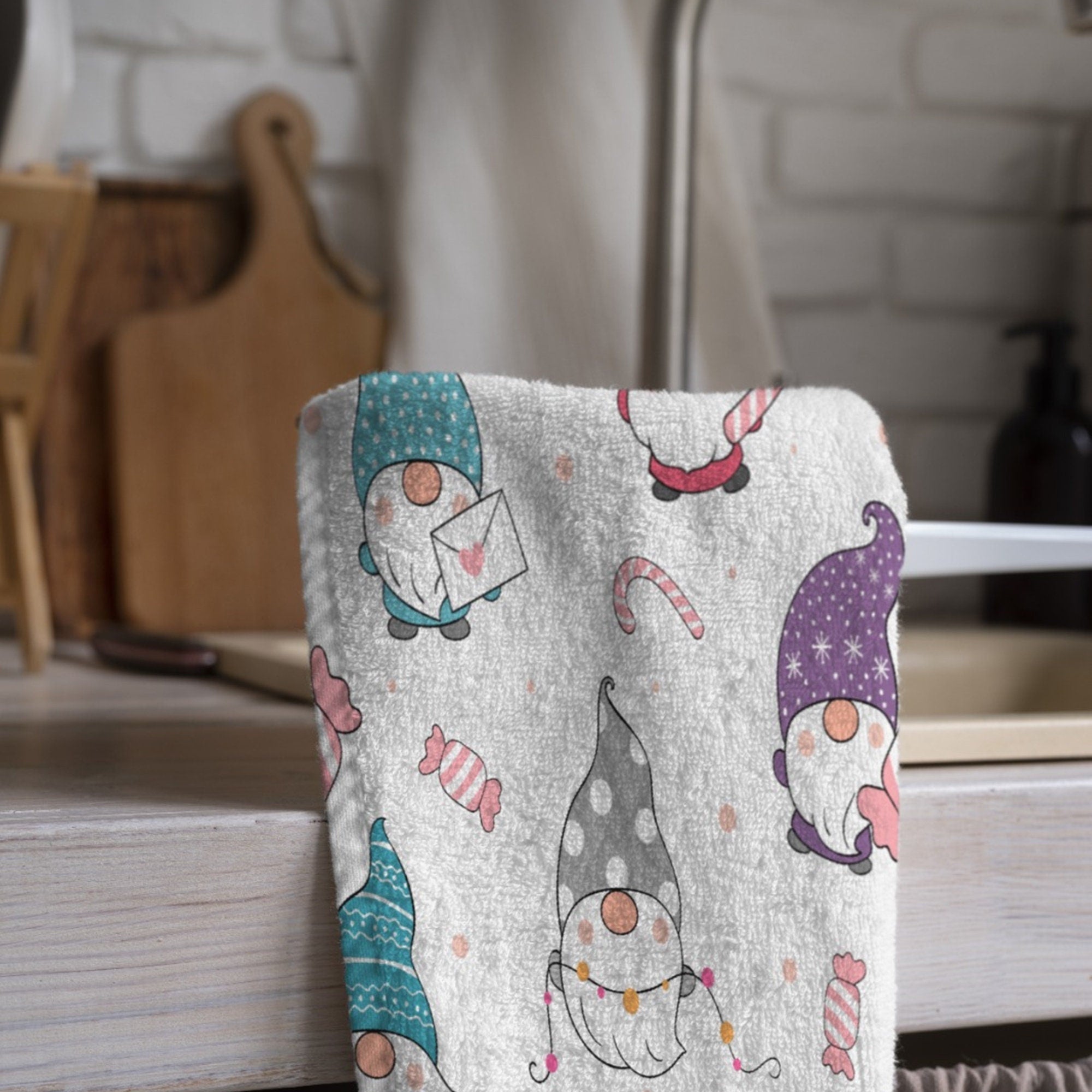 Cute Christmas Tea Towels, Xmas Gnomes Dish Towel, Christmas Cute Gnome Dish Towel, Holly Gnome Hand Towel, Christmas Kitchen Towel