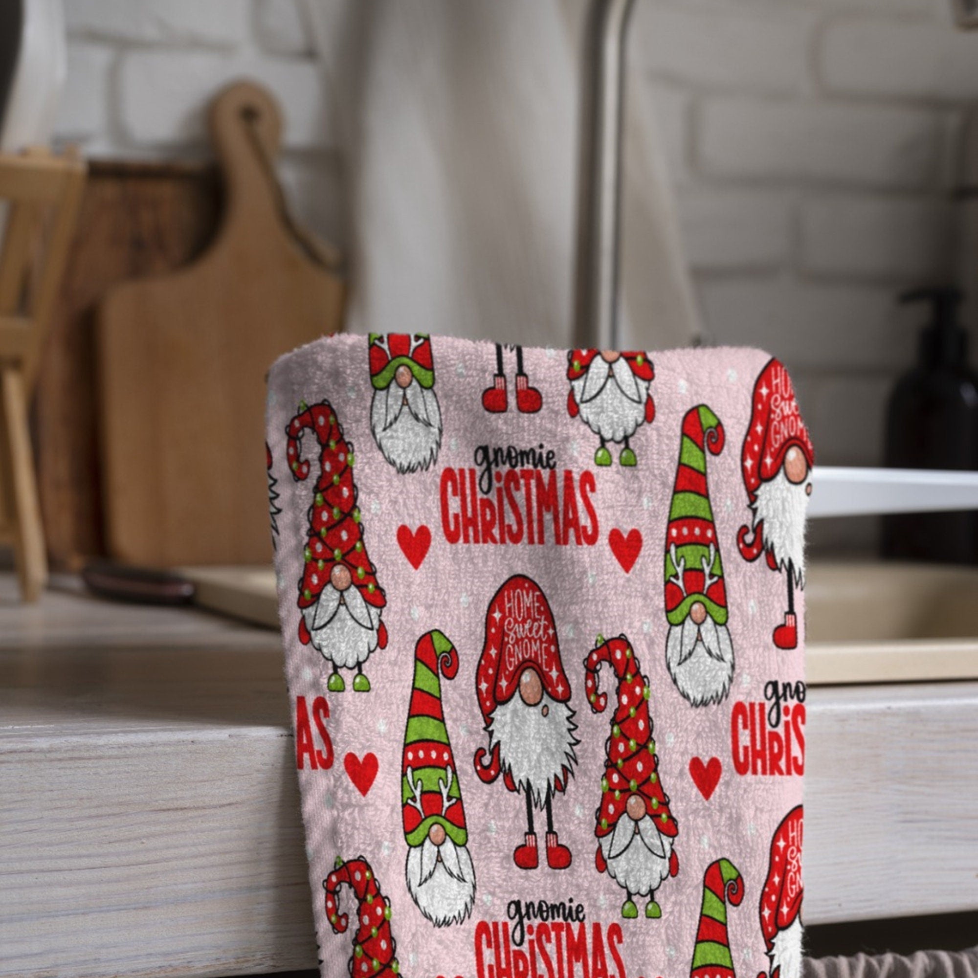 Cute Christmas Tea Towels, Xmas Gnomes Dish Towel, Christmas Cute Gnome Dish Towel, Holly Gnome Hand Towel, Christmas Kitchen Towel