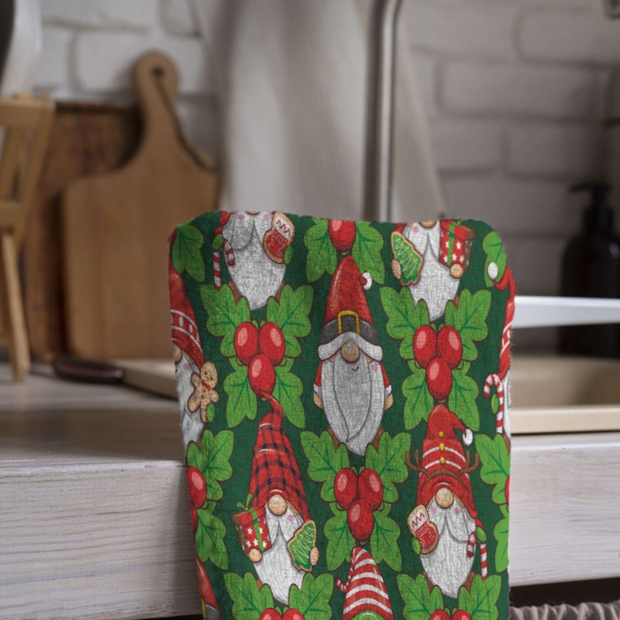 Cute Christmas Tea Towels, Xmas Gnomes Dish Towel, Christmas Cute Gnome Dish Towel, Holly Gnome Hand Towel, Christmas Kitchen Towel