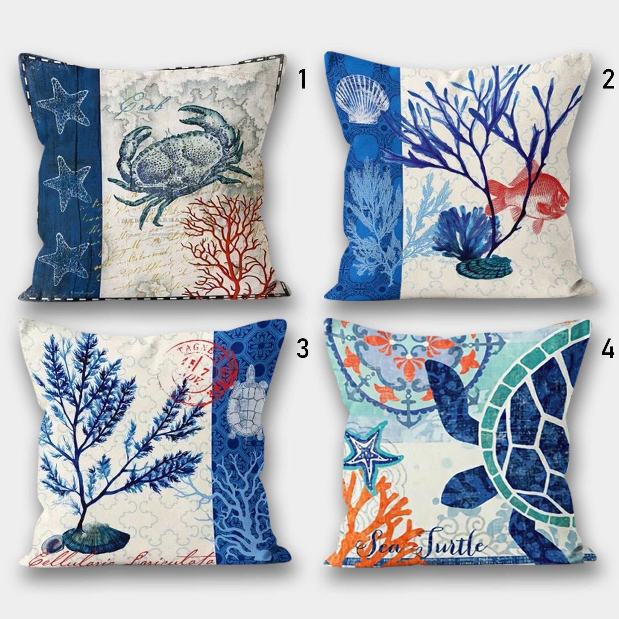 Nautical Pillow Cover, Sea Turtle Pillow Covers, Nautical Cushion Covers, Ocean Pillowcase, Coastal Pillow Covers, Sea Life Pillow Cover