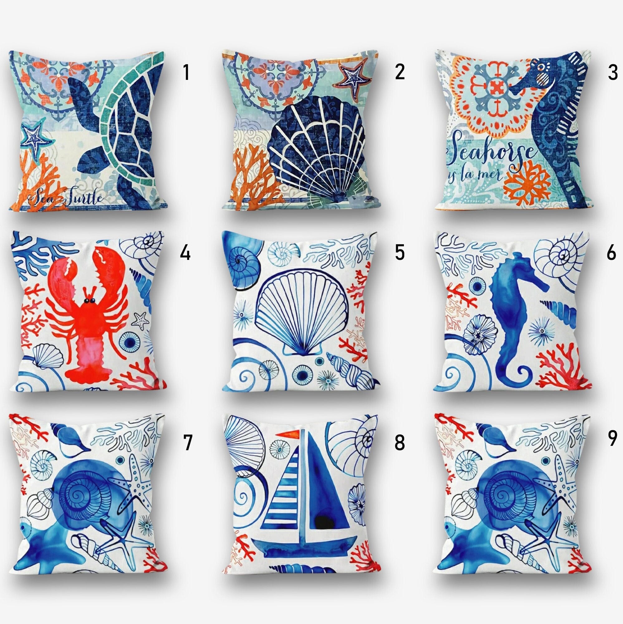 Nautical Sea Life Pillow Cover, Beach Decor Pillow, Navy Marine Pillow Cover, Nautical Cushions, Coastal Throw Pillow, Nautical Decor
