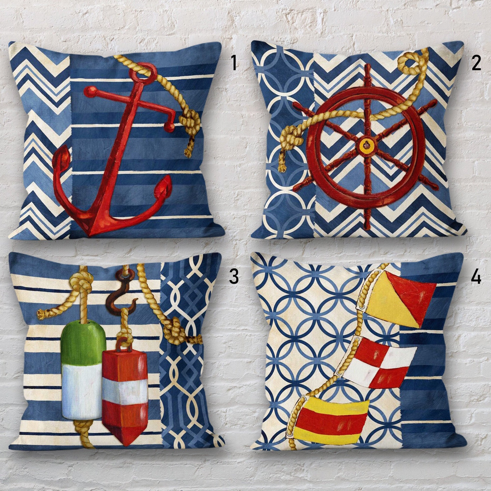 Nautical Pillow Cover, Anchor Cushion Cover, Nautical Themed Throw Pillow Cover, Ship Rudder Throw Pillow, Beach House Pillow, Summer Pillow