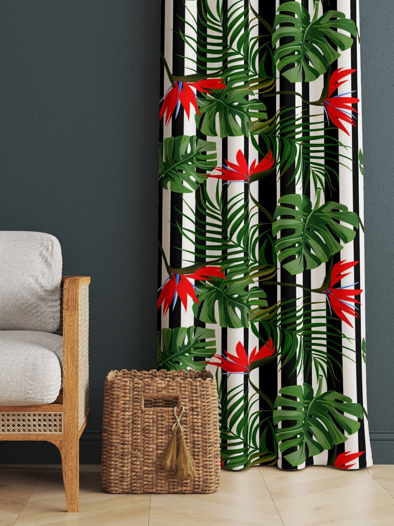 Botanical Window Curtains, Exotic Flowers Curtains, Tropical Leaves Curtain, Tropical Flowers Print Curtains, Botanical Drapes