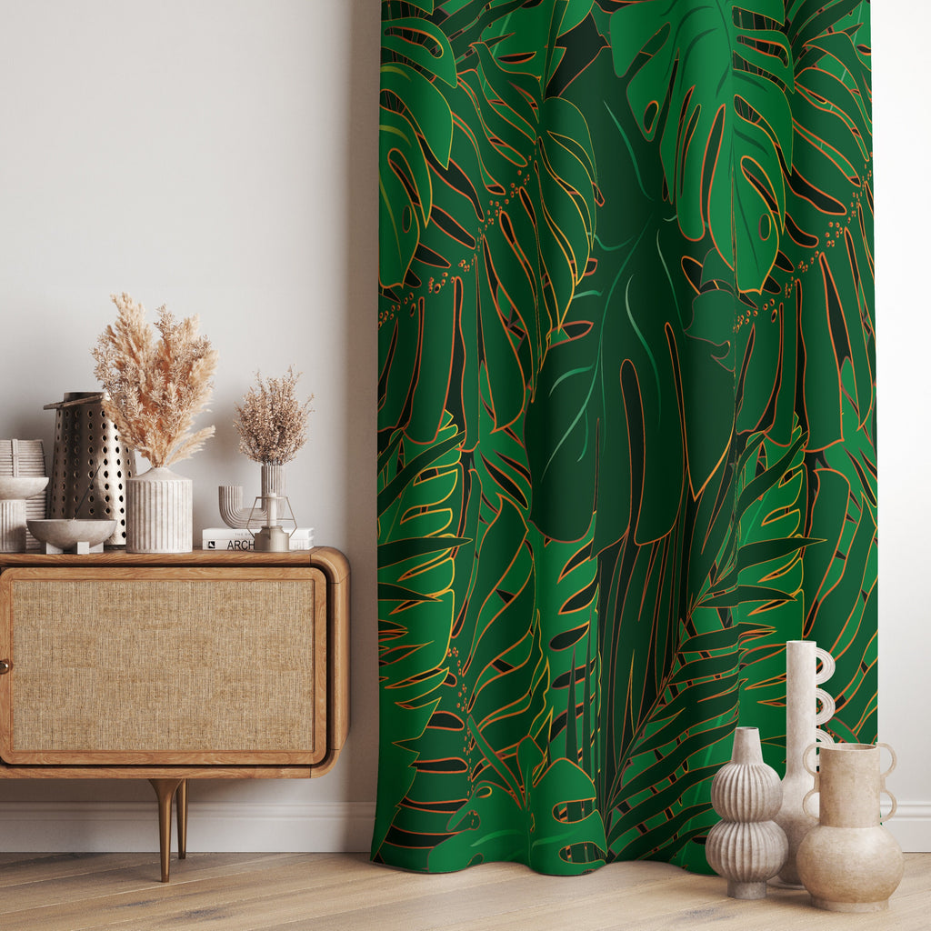 Green Tropical Curtains, Botanical Style Print Curtain Panel, Palm Tree Leaves Printed Window Curtain, Exotic Plants Drapes Panel