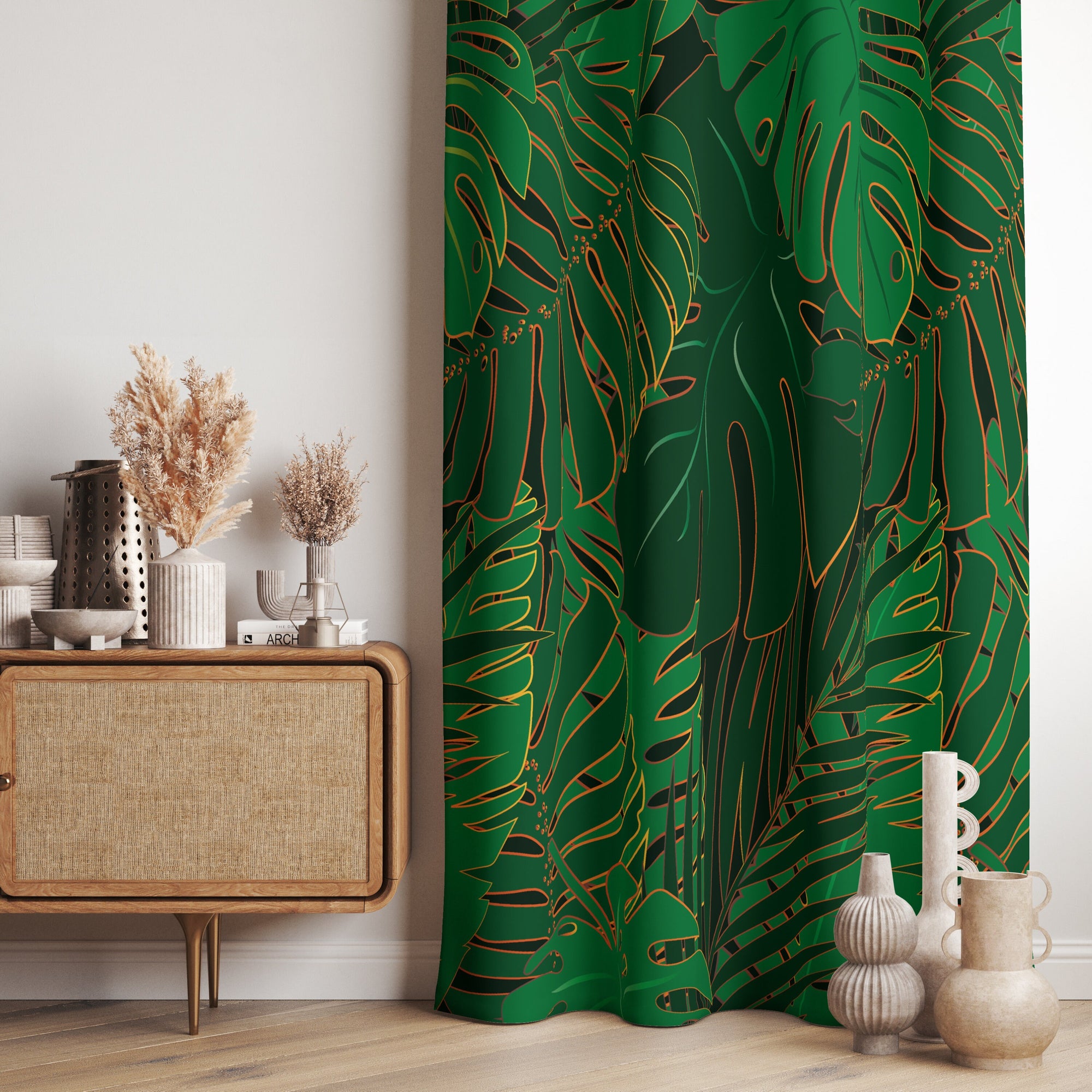 Green Tropical Curtains, Botanical Style Print Curtain Panel, Palm Tree Leaves Printed Window Curtain, Exotic Plants Drapes Panel