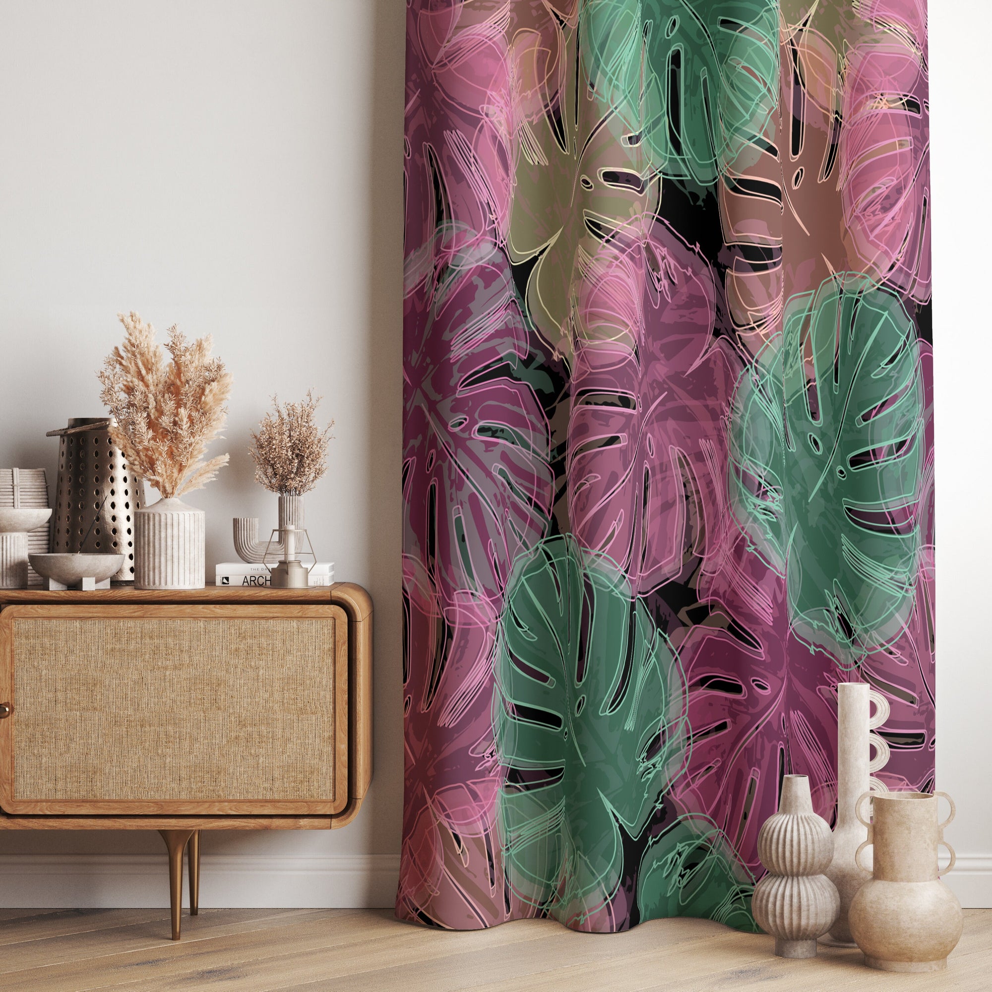 Green Tropical Curtains, Botanical Style Print Curtain Panel, Palm Tree Leaves Printed Window Curtain, Exotic Plants Drapes Panel