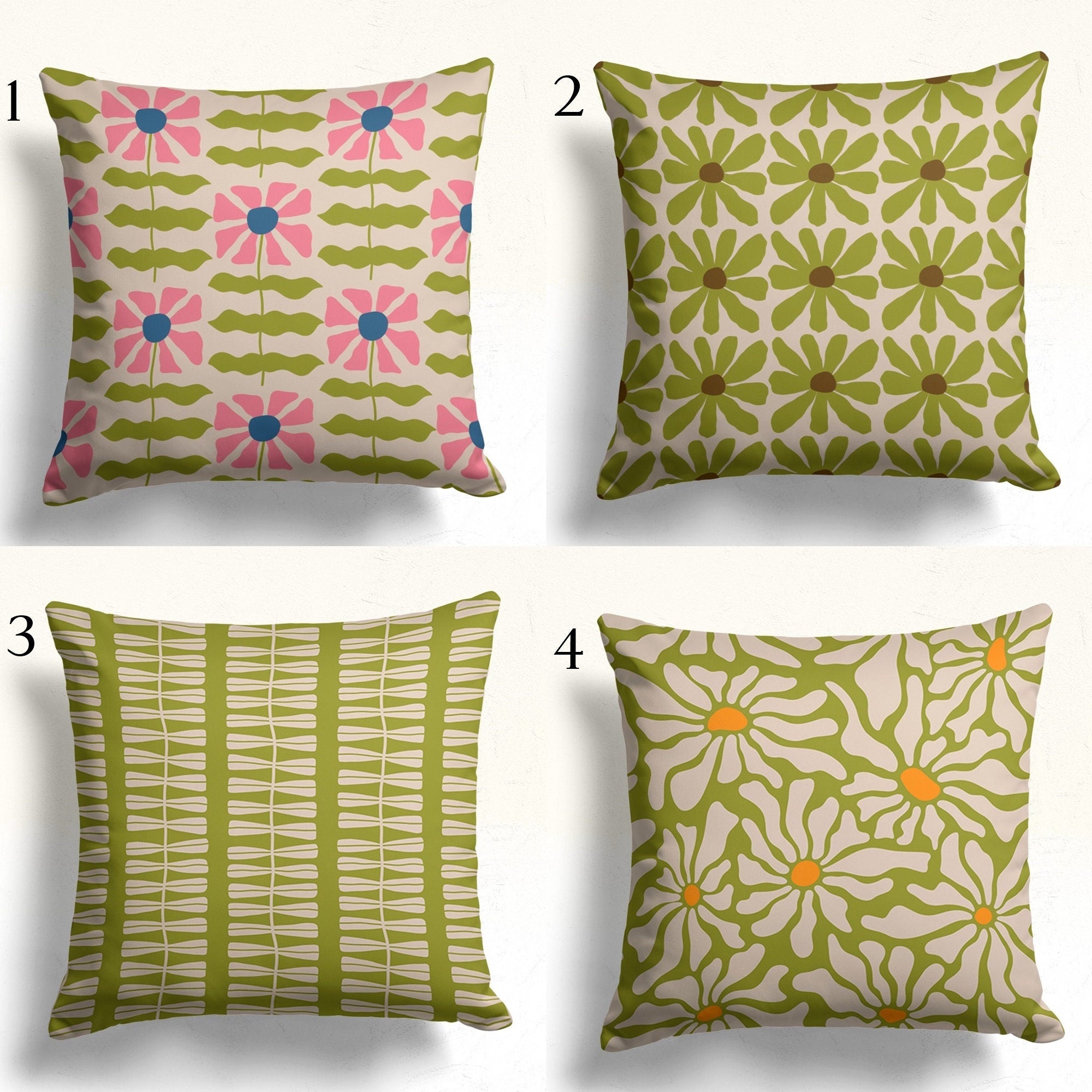 Retro Flowers Throw Pillow Cover, 70s Floral Pillow Cover, Mid Century Flowers Cushion Cover, Retro Pillowcase, 70's Cushion Cover