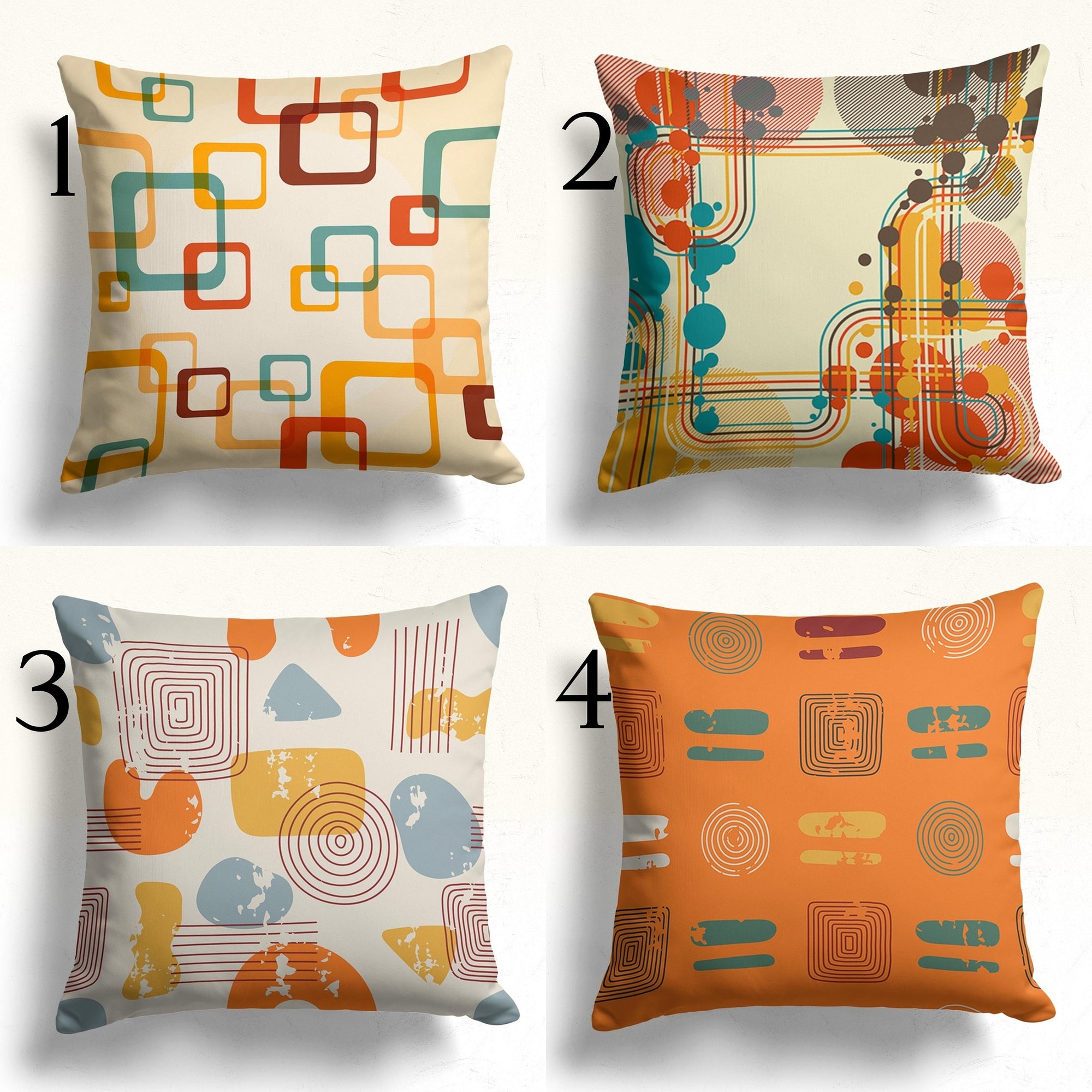 Retro Geometric Throw Pillow Covers, Mid Century Modern Bauhaus Cushion Covers, Abstract Square Circle Pattern Home Decor