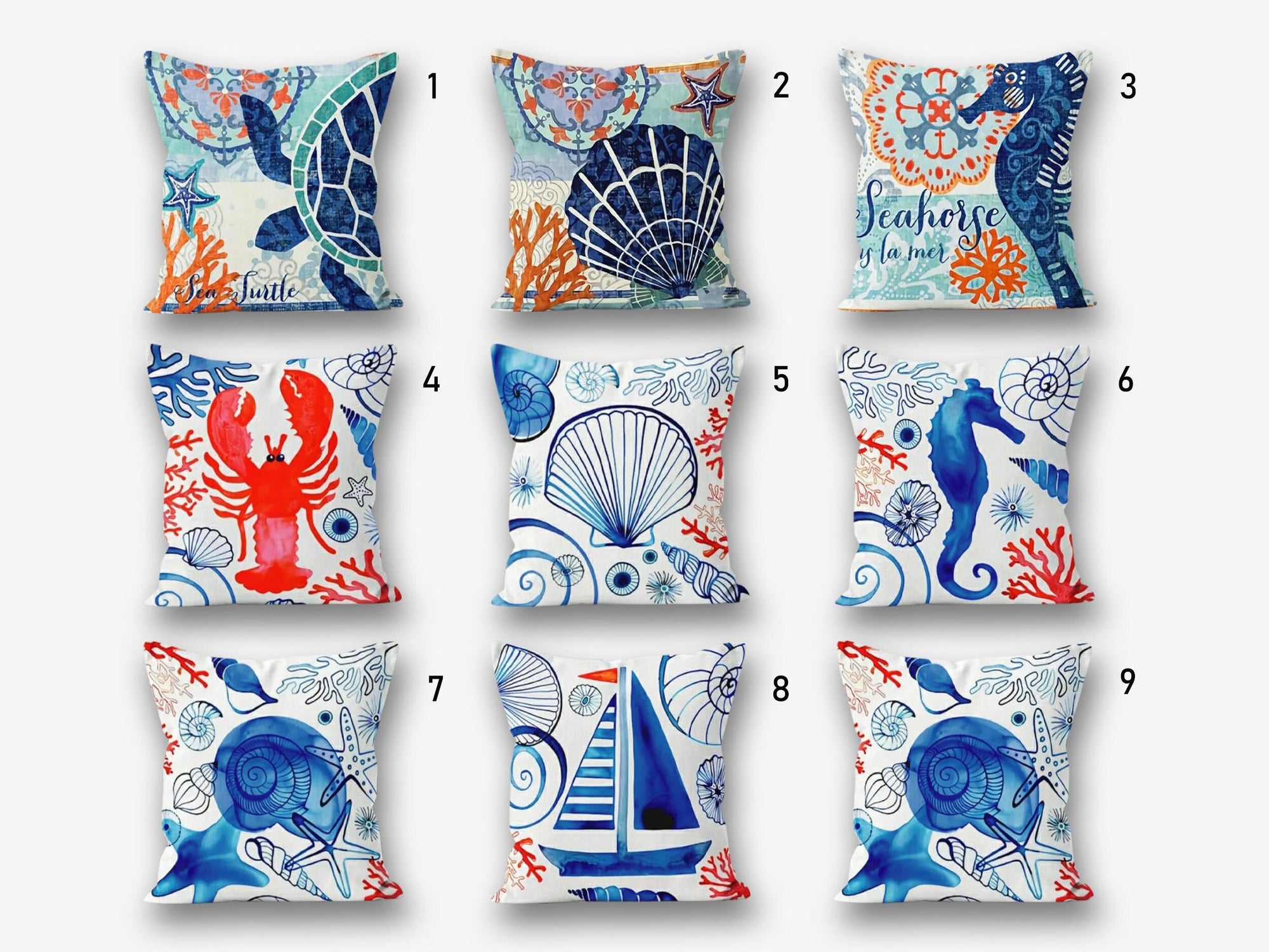 Ocean Throw Pillow Cover, Coastal Pillowcase, Nautical Printed Throw Pillow Case, Sea Turtles Cushion Cover, Sea Horse Starfish Pillow Case