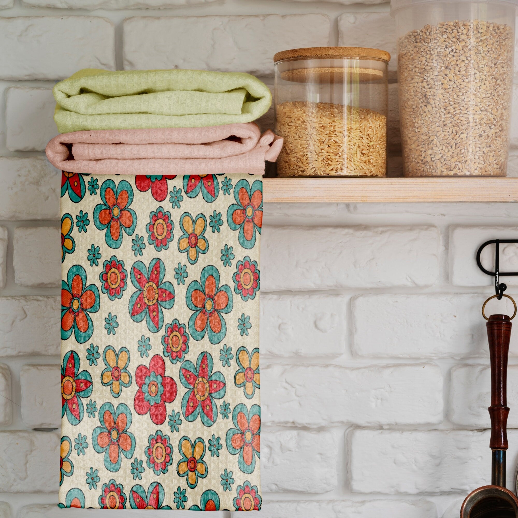 Retro Tea Towels, Retro Flowers Dish Towel, 70s Flowers Tea Towels, Mid Century Modern Hand Towel, Retro Kitchen Towels