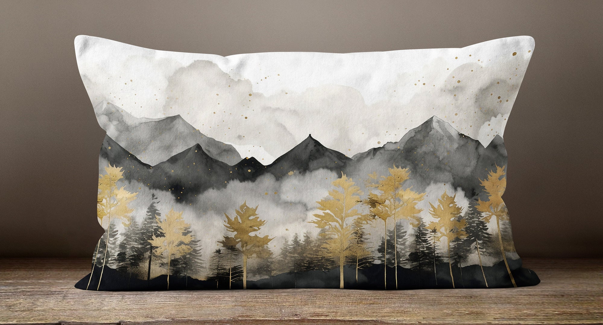 Landscape Painting Pillow Cover, Mountains Abstract Art Modern Throw Pillow Cover, Landscape Abstract Artwork Gold Color Print Pillowcase,