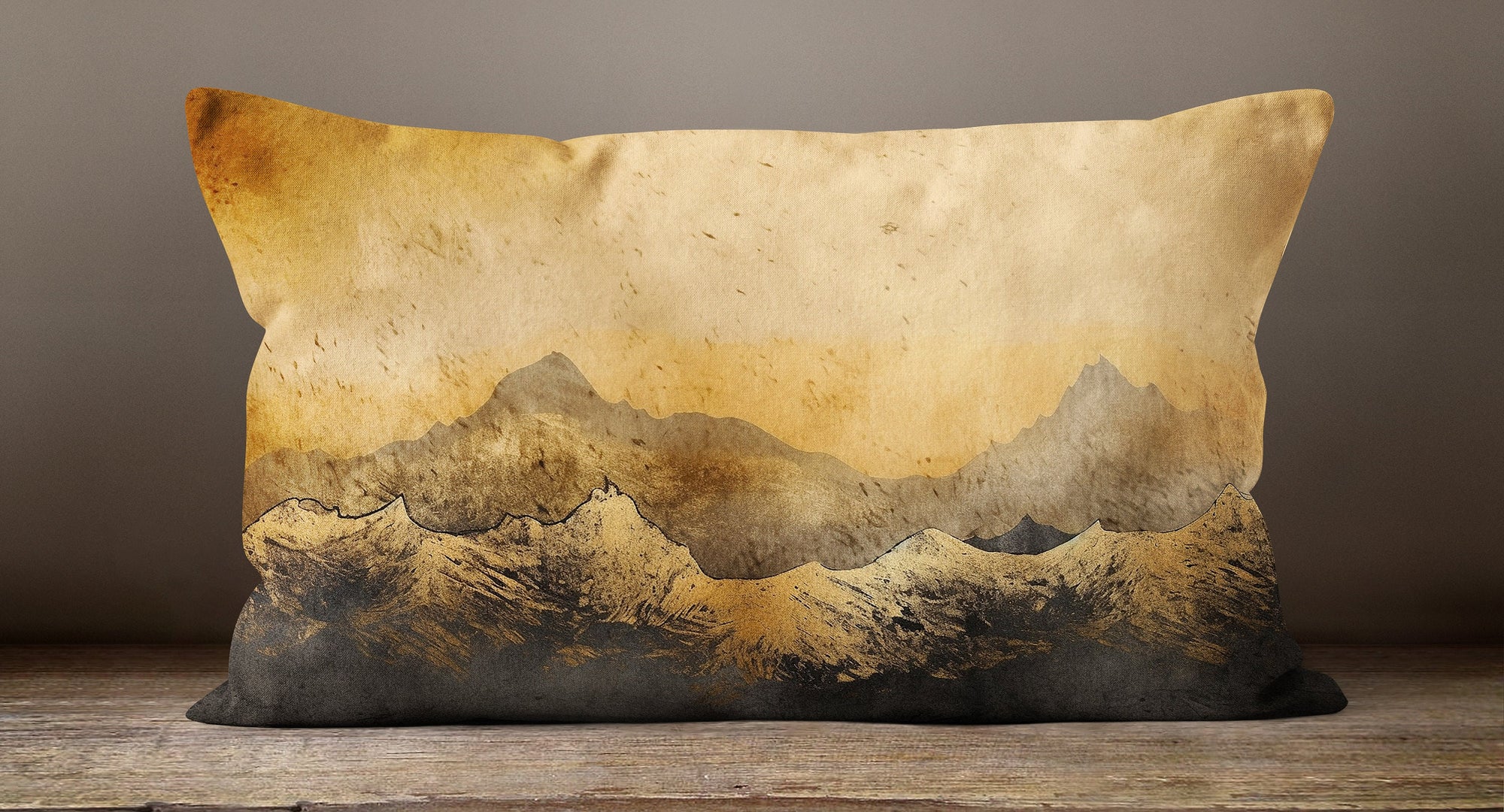 Landscape Painting Pillow Cover, Mountains Abstract Art Modern Throw Pillow Cover, Landscape Abstract Artwork Gold Color Print Pillowcase,