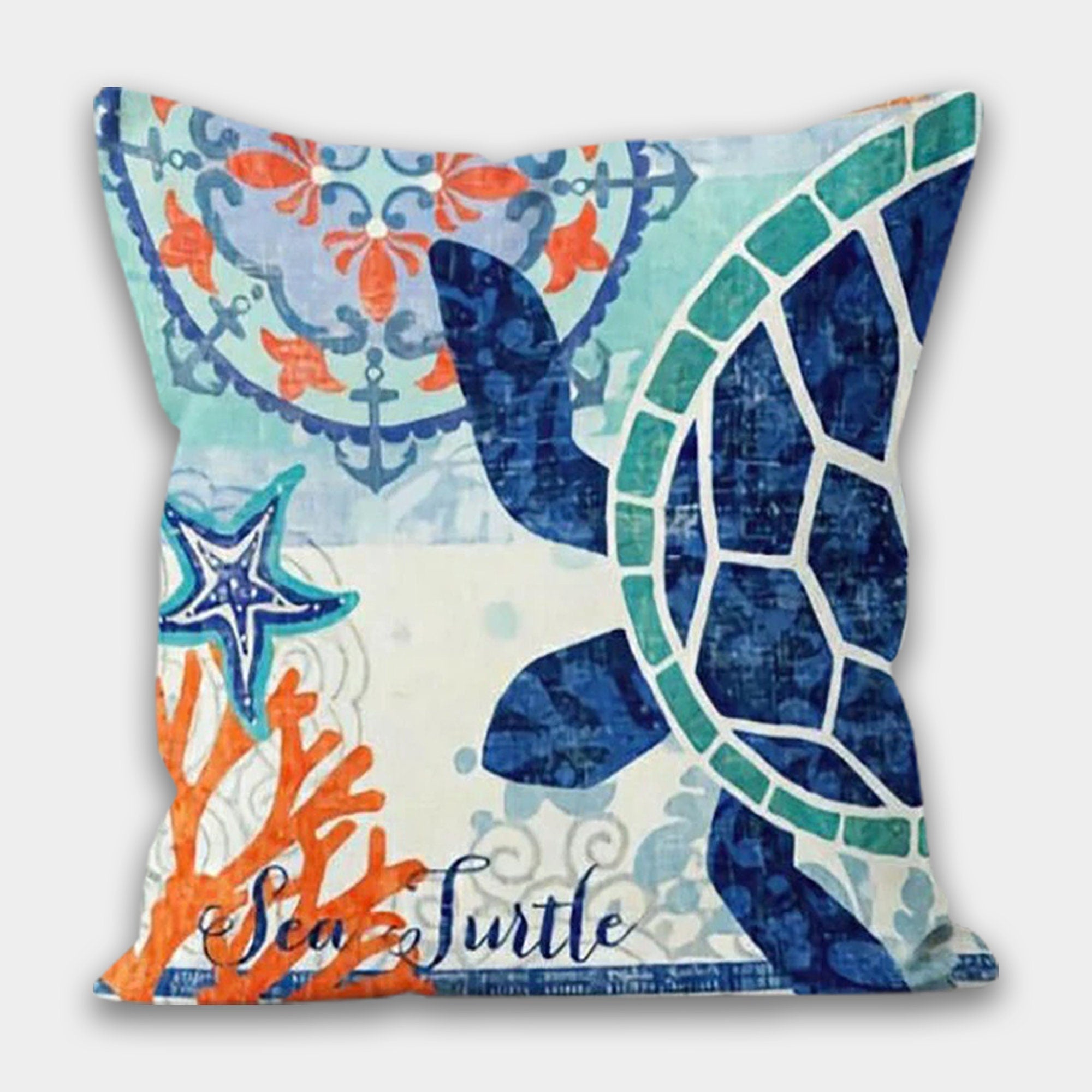 Ocean Throw Pillow Cover, Coastal Pillowcase, Nautical Printed Throw Pillow Case, Sea Turtles Cushion Cover, Sea Horse Starfish Pillow Case