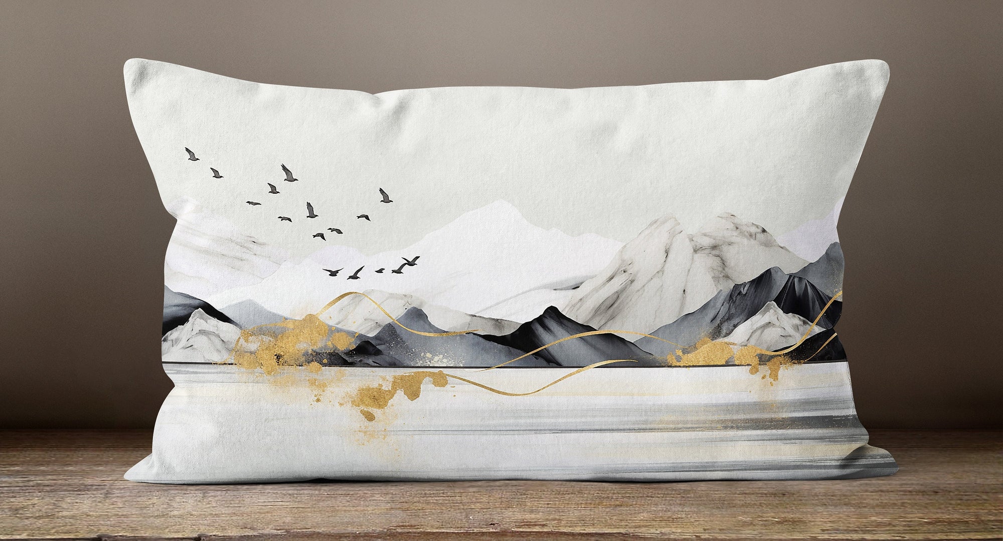 Landscape Painting Pillow Cover, Mountains Abstract Art Modern Throw Pillow Cover, Landscape Abstract Artwork Gold Color Print Pillowcase,