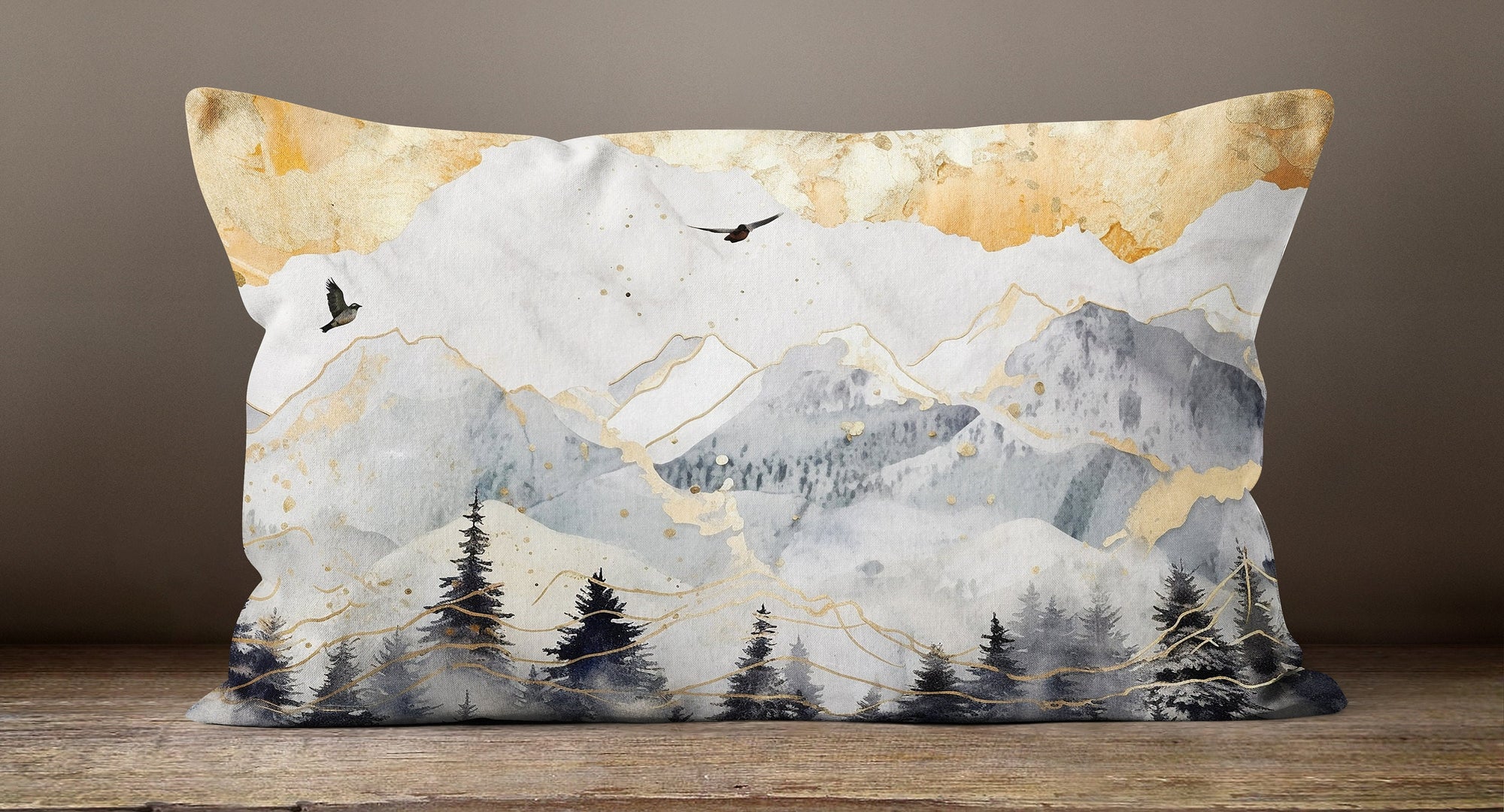 Landscape Painting Pillow Cover, Mountains Abstract Art Modern Throw Pillow Cover, Landscape Abstract Artwork Gold Color Print Pillowcase,