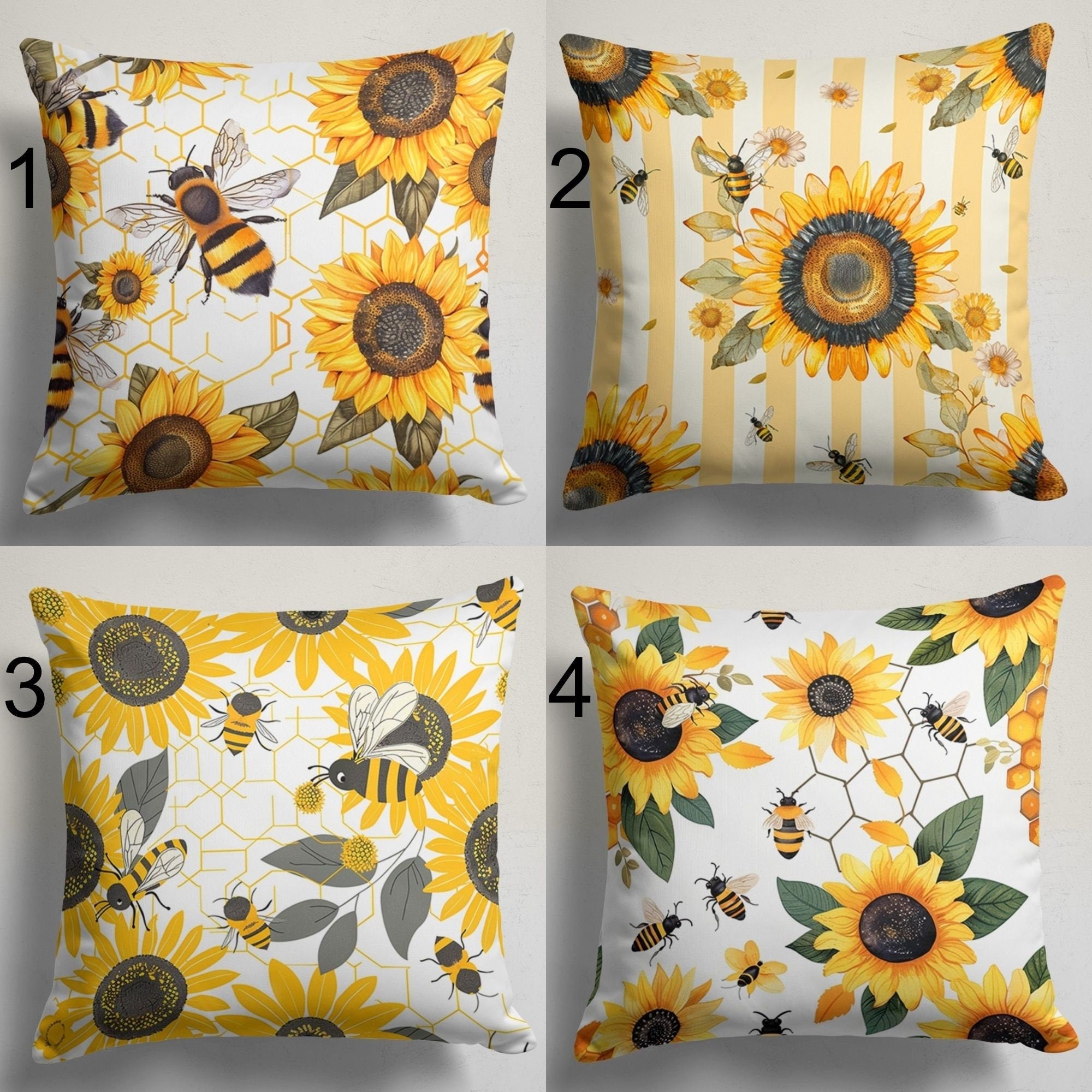Sunflower Bee Pillow Case, Sunflower Pillow Cover, Bee Pattern Throw Pillow Cover, Summer Decor Pillow Cover, Sunflower Accent Cushion Cover