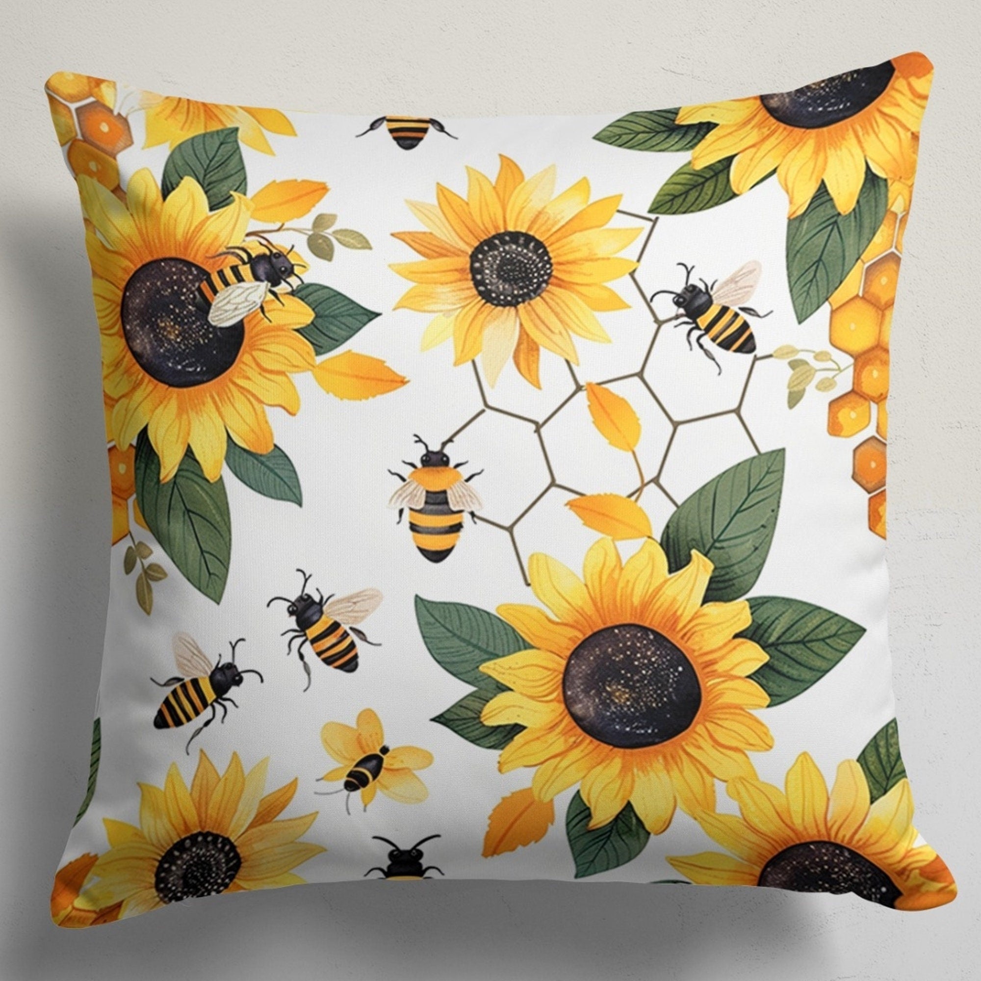 Sunflower Bee Pillow Case, Sunflower Pillow Cover, Bee Pattern Throw Pillow Cover, Summer Decor Pillow Cover, Sunflower Accent Cushion Cover