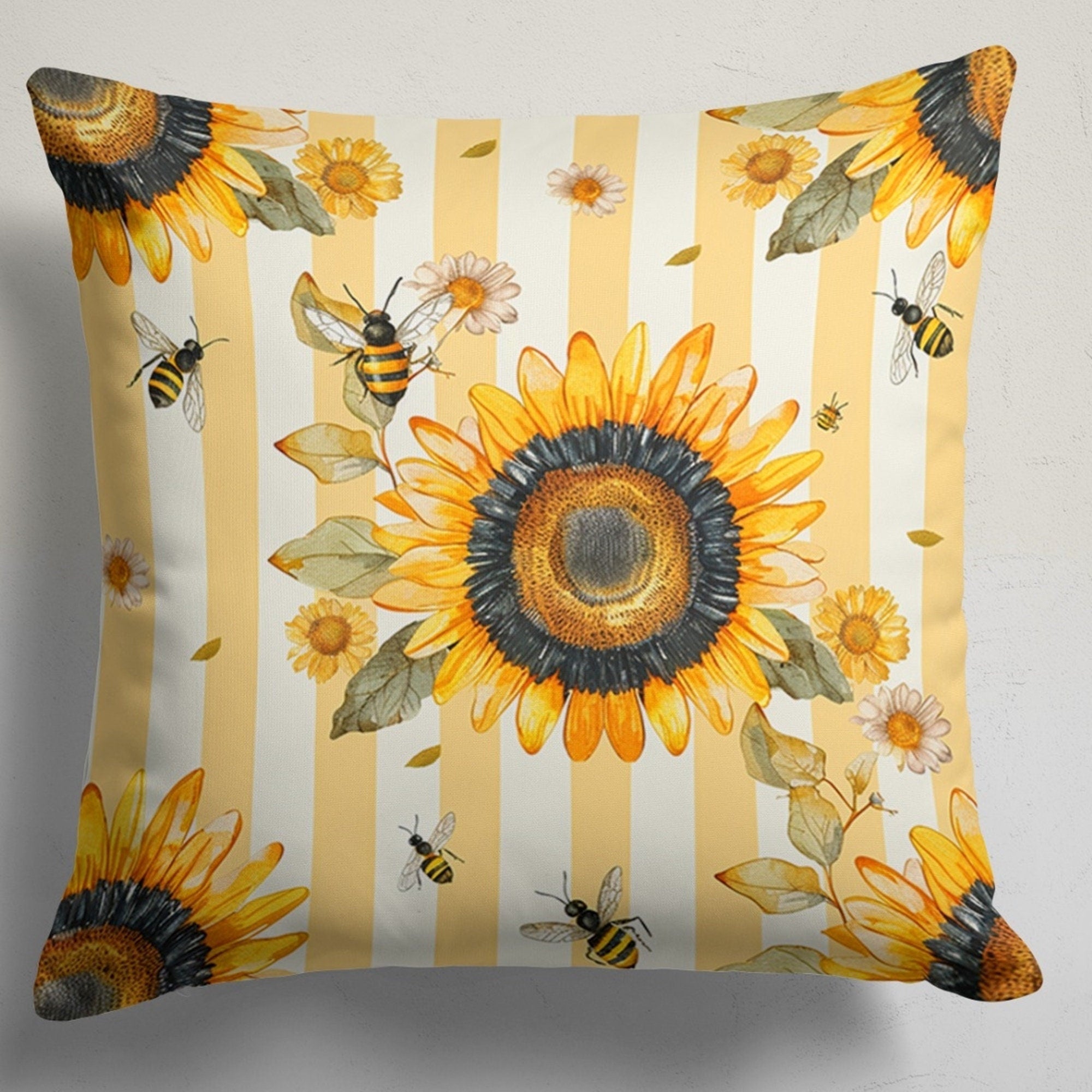 Sunflower Bee Pillow Case, Sunflower Pillow Cover, Bee Pattern Throw Pillow Cover, Summer Decor Pillow Cover, Sunflower Accent Cushion Cover
