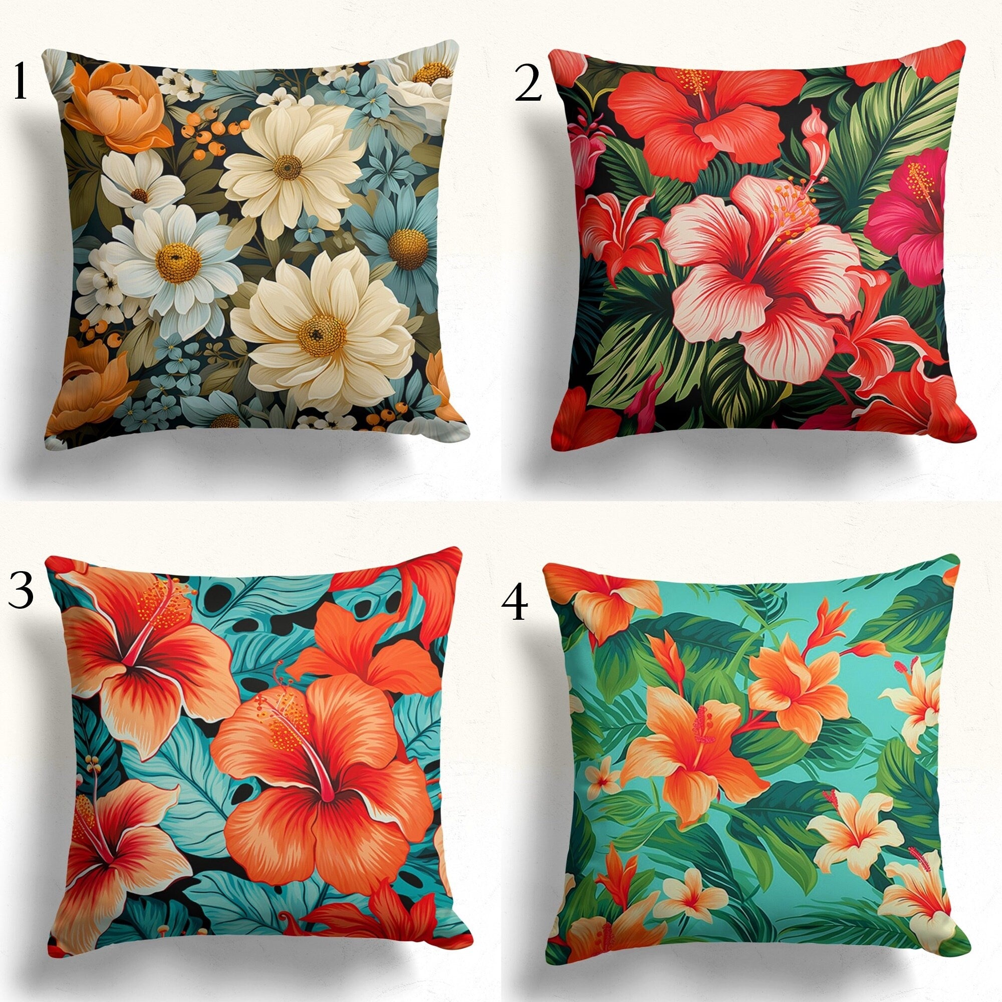 Exotic Wildflowers Throw Pillow Covers, Floral Cushion Cover, Multicolor Tropic Floral Pillow Cases, Colorful Flowers Pillow Covers