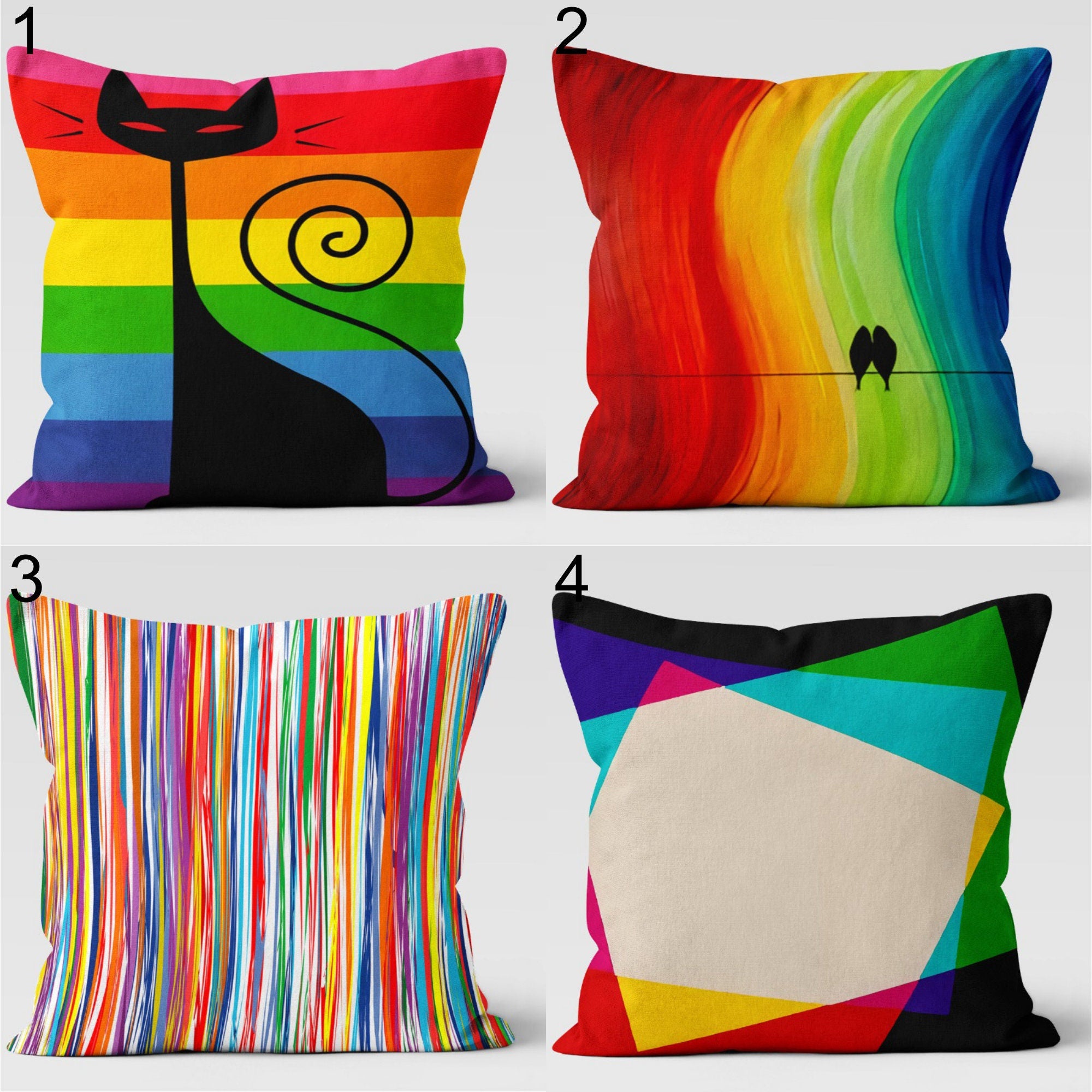 Rainbow Art Pillow Covers, Colorful Abstract Throw Pillows with Cat & Bird Design, Modern Rainbow Cat Bird Cushion Cover