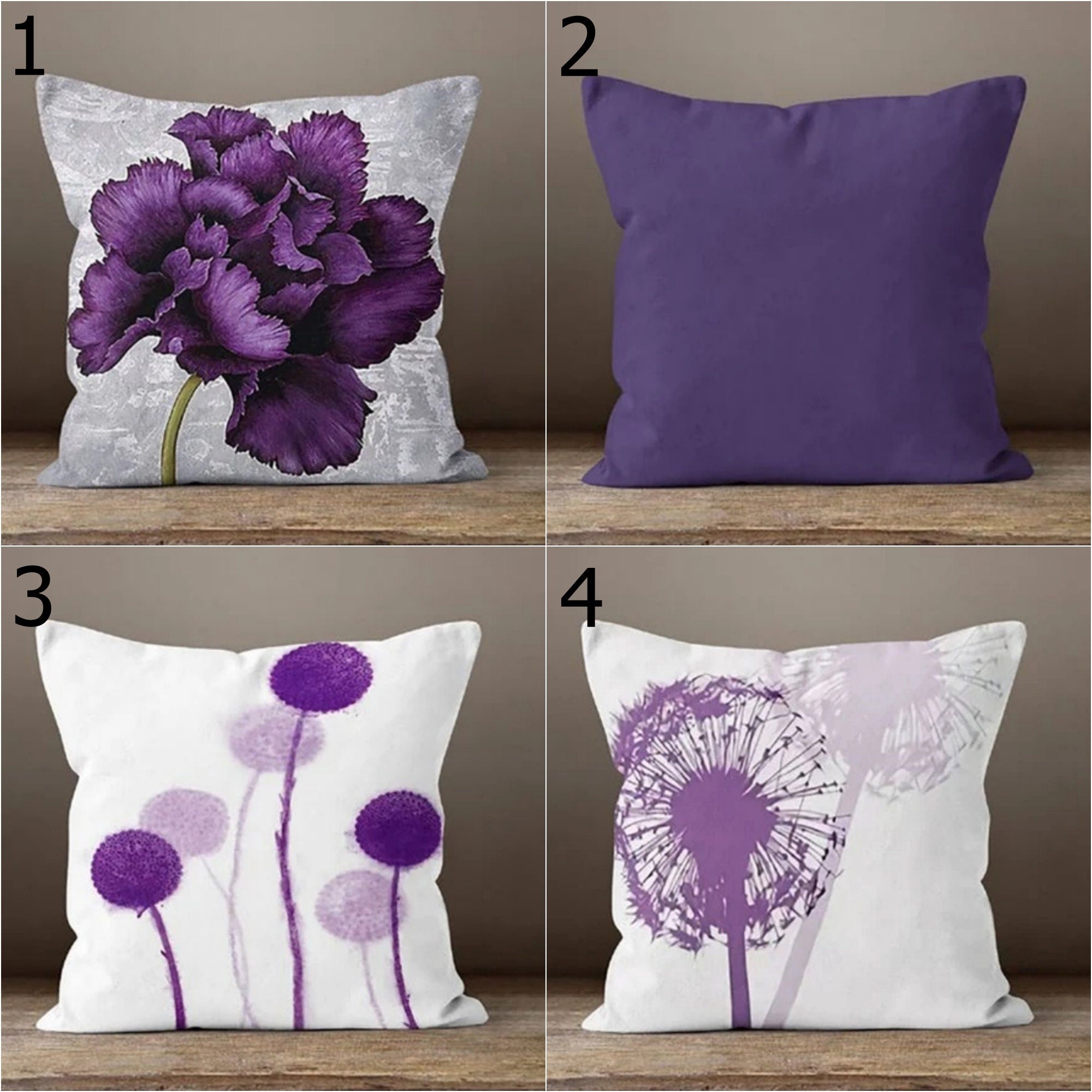 Purple Floral Pillow Cover, Purple Floral Pillow Case, Lilac Couch Pillow, Purple Throw Pillow Covers, Purple Dandelion Pillow Covers