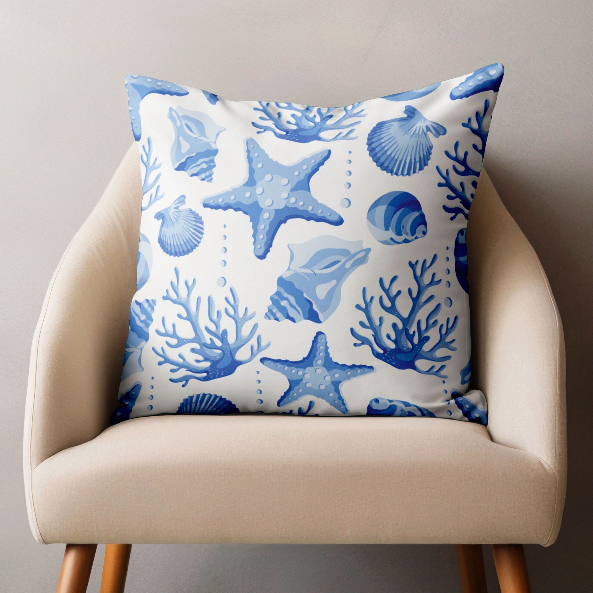 Nautical Throw Pillow Cover, Ocean Blue Pillow Covers, Starfish Pillow Case, Sea Life Coral Cushion Covers, Coastal Pillowcases