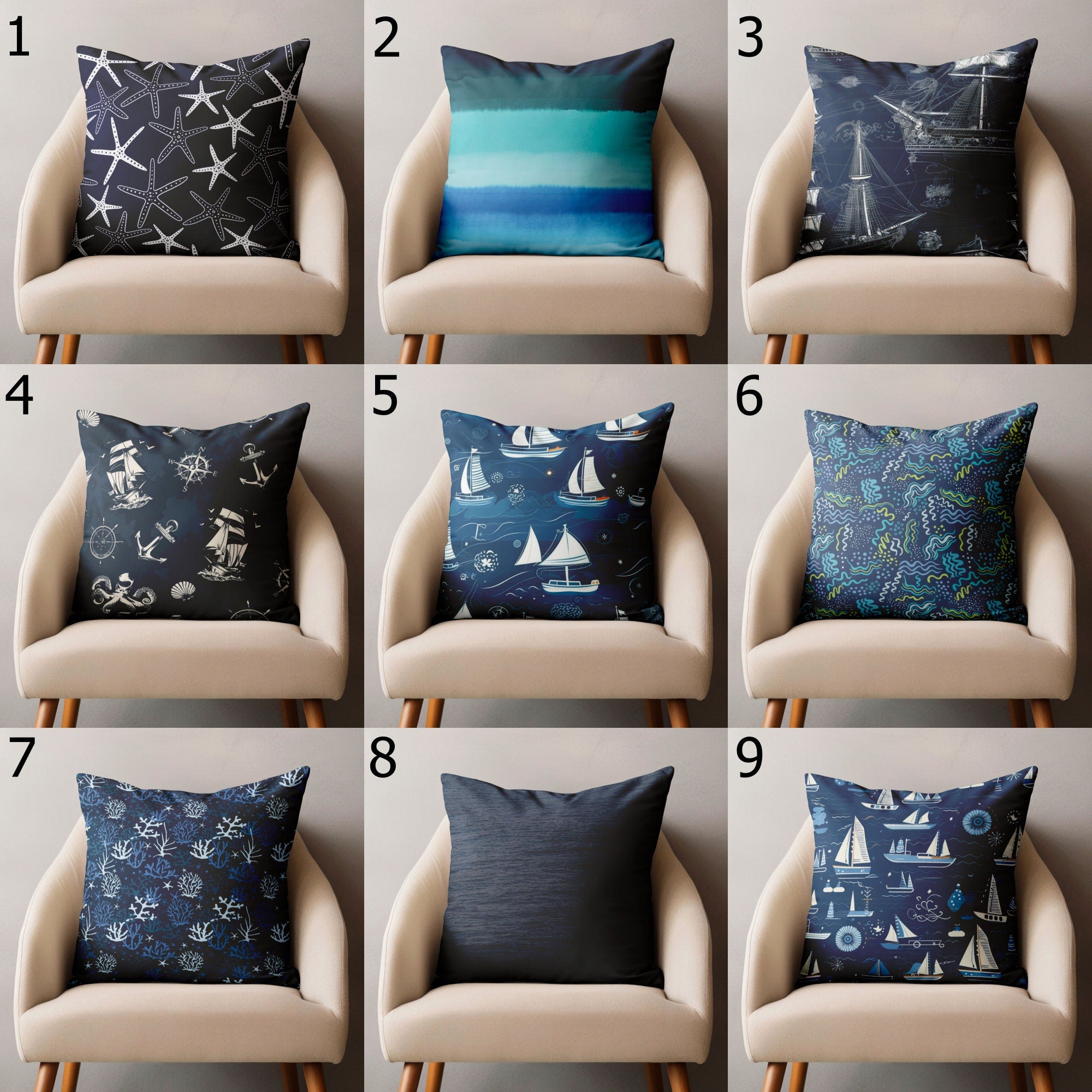 Nautical Sailboat Pillow Cover, Sailor Navy Blue Cushion Cover, Vintage Sailboat Throw Pillow Cover, Marine Pillowcase, Sailor Pillow Covers