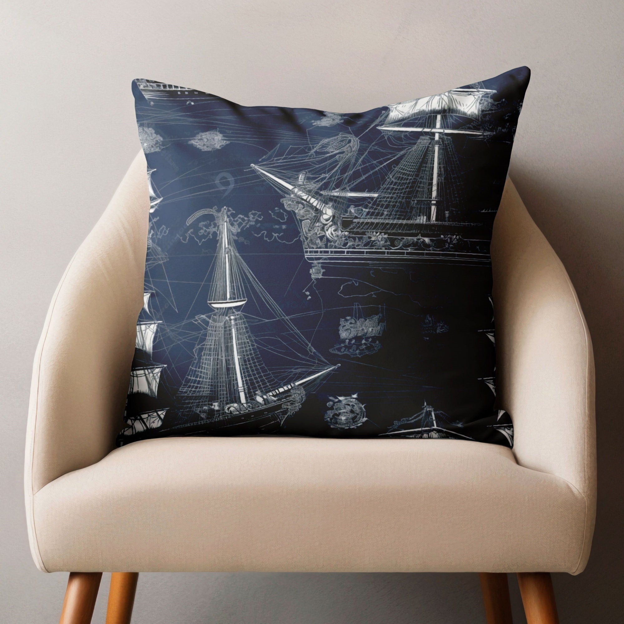 Nautical Sailboat Pillow Cover, Sailor Navy Blue Cushion Cover, Vintage Sailboat Throw Pillow Cover, Marine Pillowcase, Sailor Pillow Covers