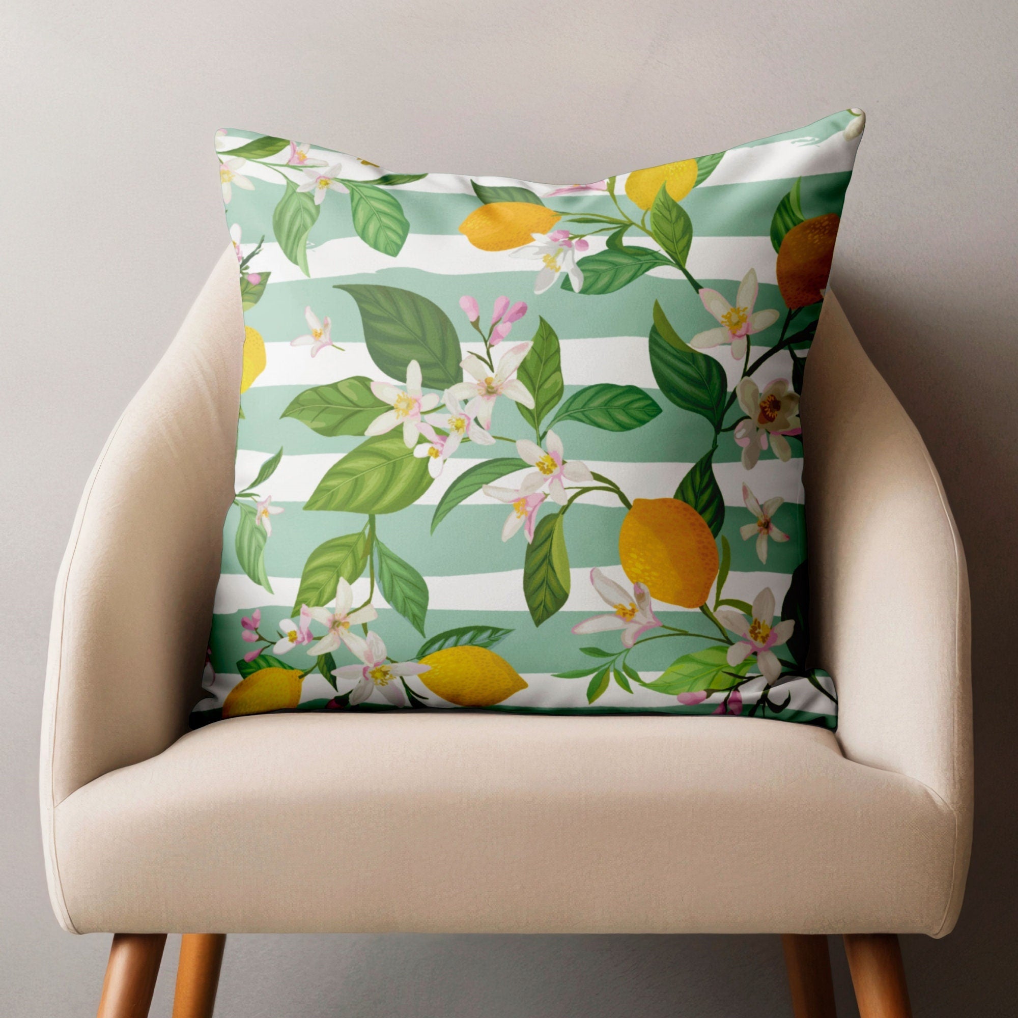Lemon Pillow Covers, Citrus Fruit Throw Pillows, Floral Lemon Cushion Covers, Summer Fresh Home Decor, Greenery Lemon Pillowcases